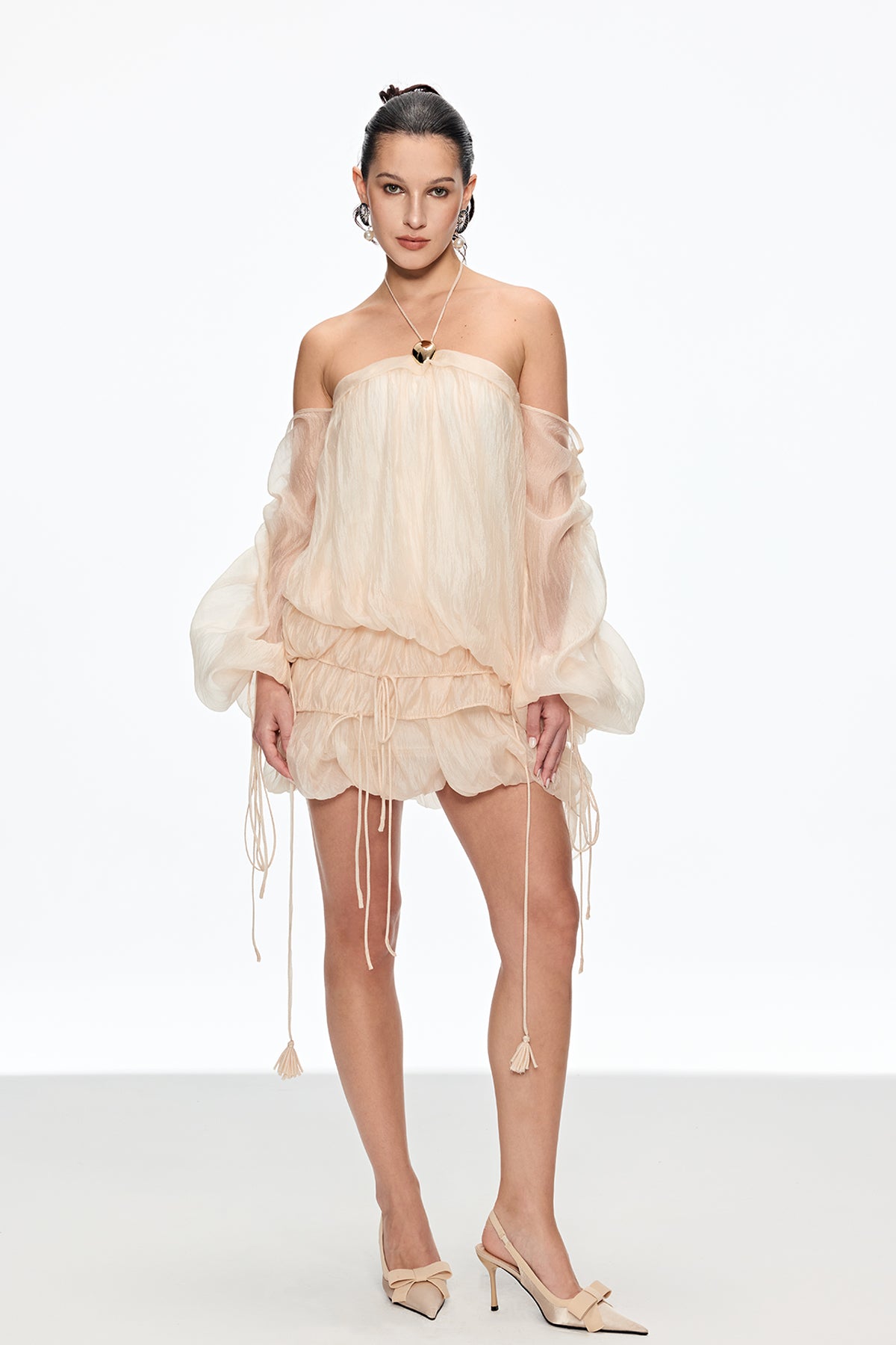 Beige Lace-Up Off-Shoulder Mini Dress