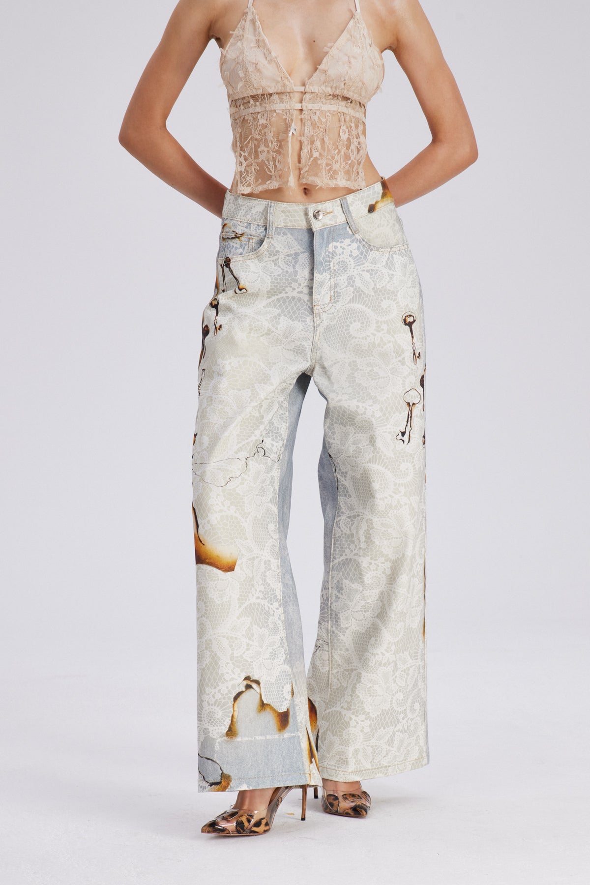 White Lace Wide Leg Jeans for Women