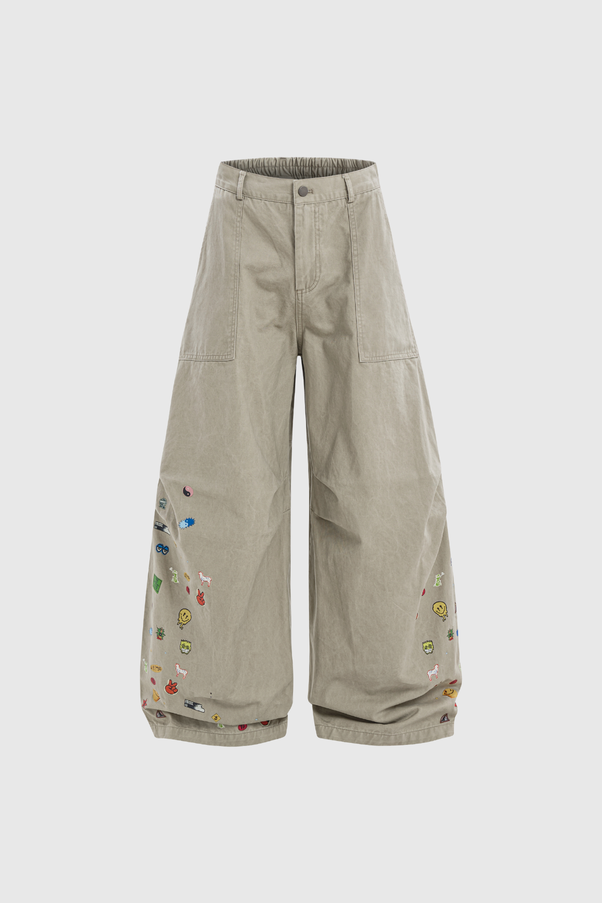 Khaki Wide Leg Jeans with Subtle Print - Comfort and Style