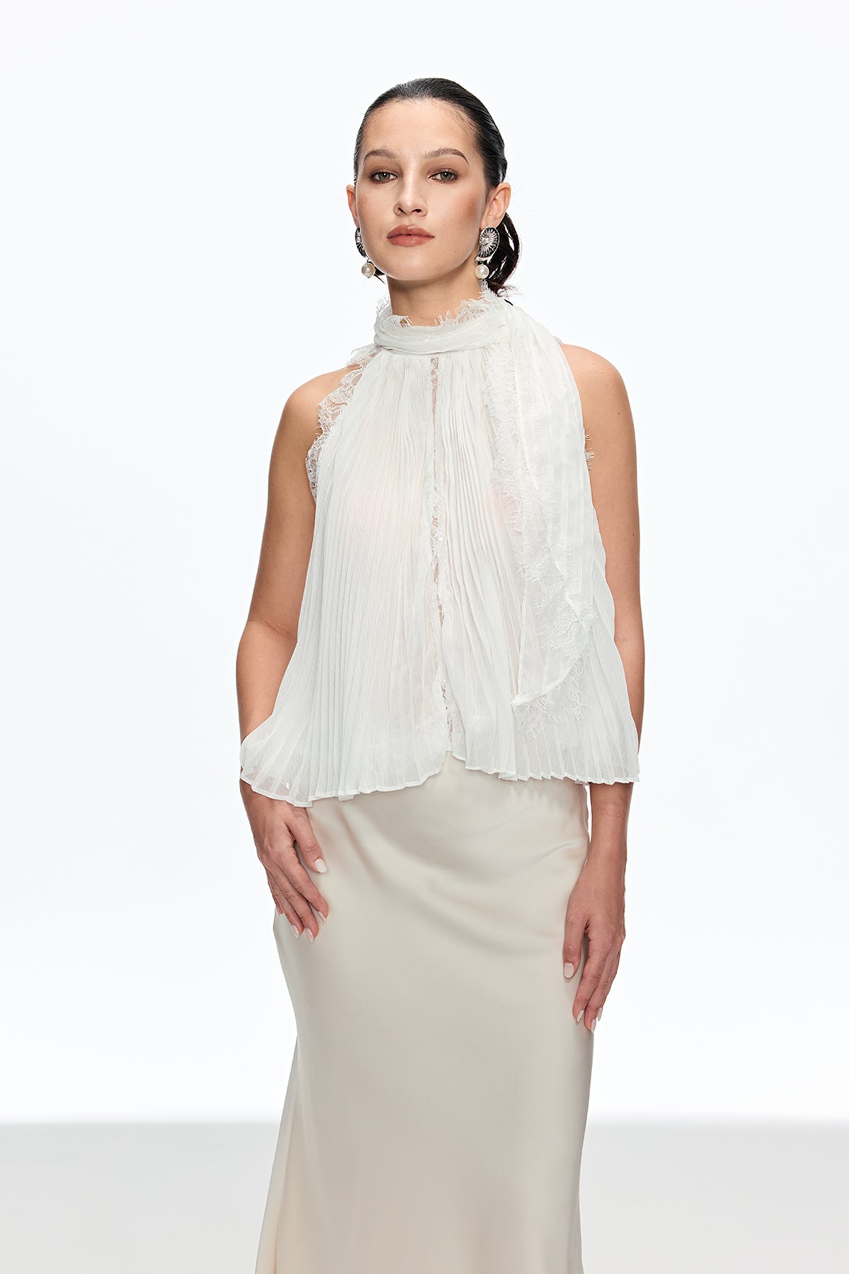 Satin White Sleeveless Skirt Set with Pearl Accents