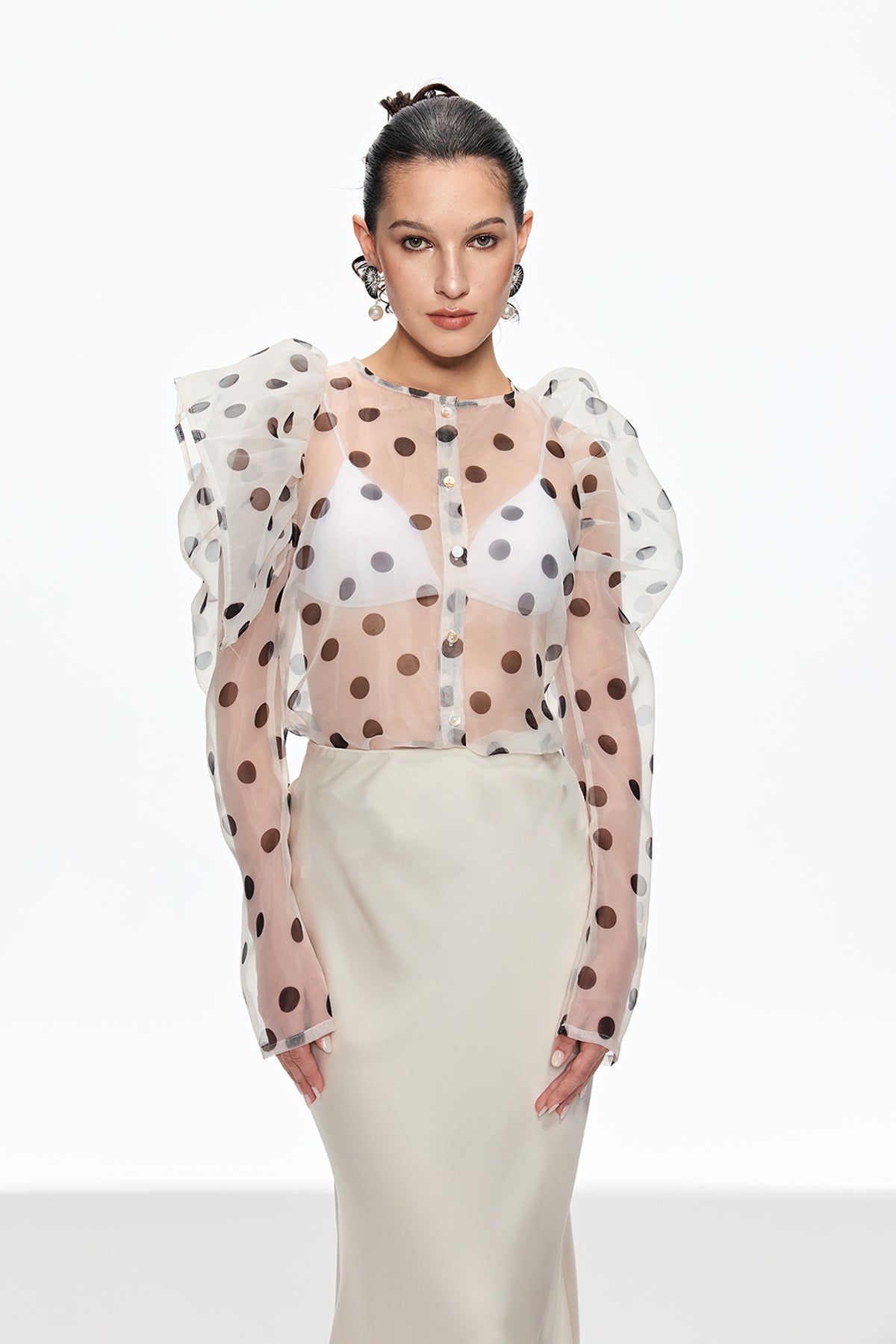 White Polka Dot Balloon Sleeve Top - Elegant Modern Design