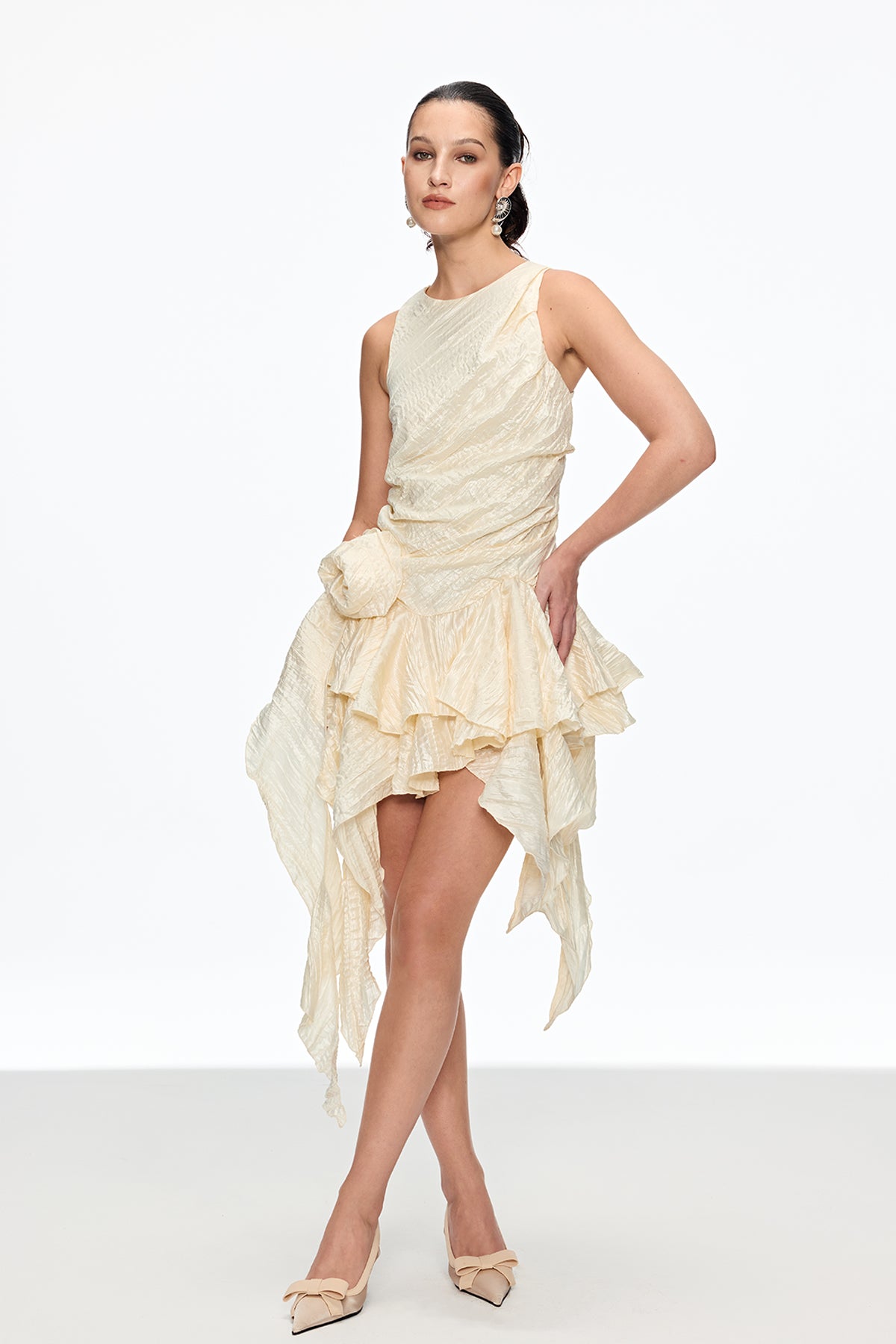 Apricot Flower Ruch Asymmetric Mini Dress