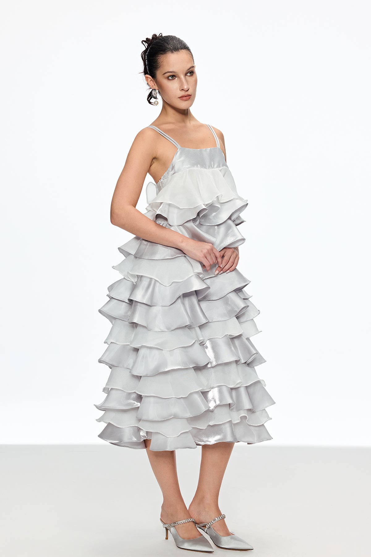 Grey Ruffle Spaghetti Midi Dress