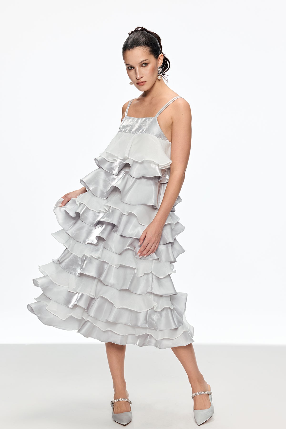 Grey Ruffle Spaghetti Midi Dress