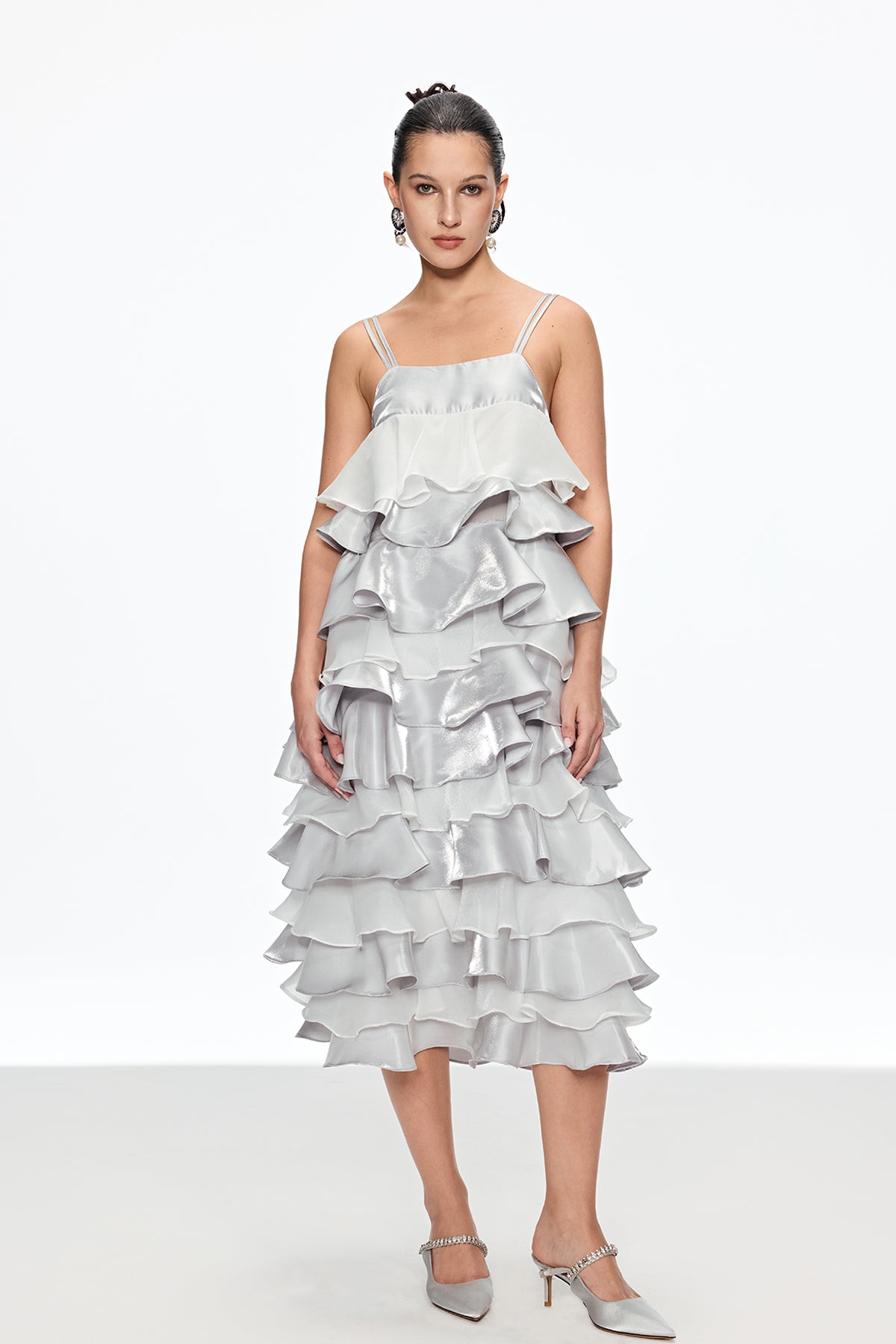 Grey Ruffle Spaghetti Midi Dress