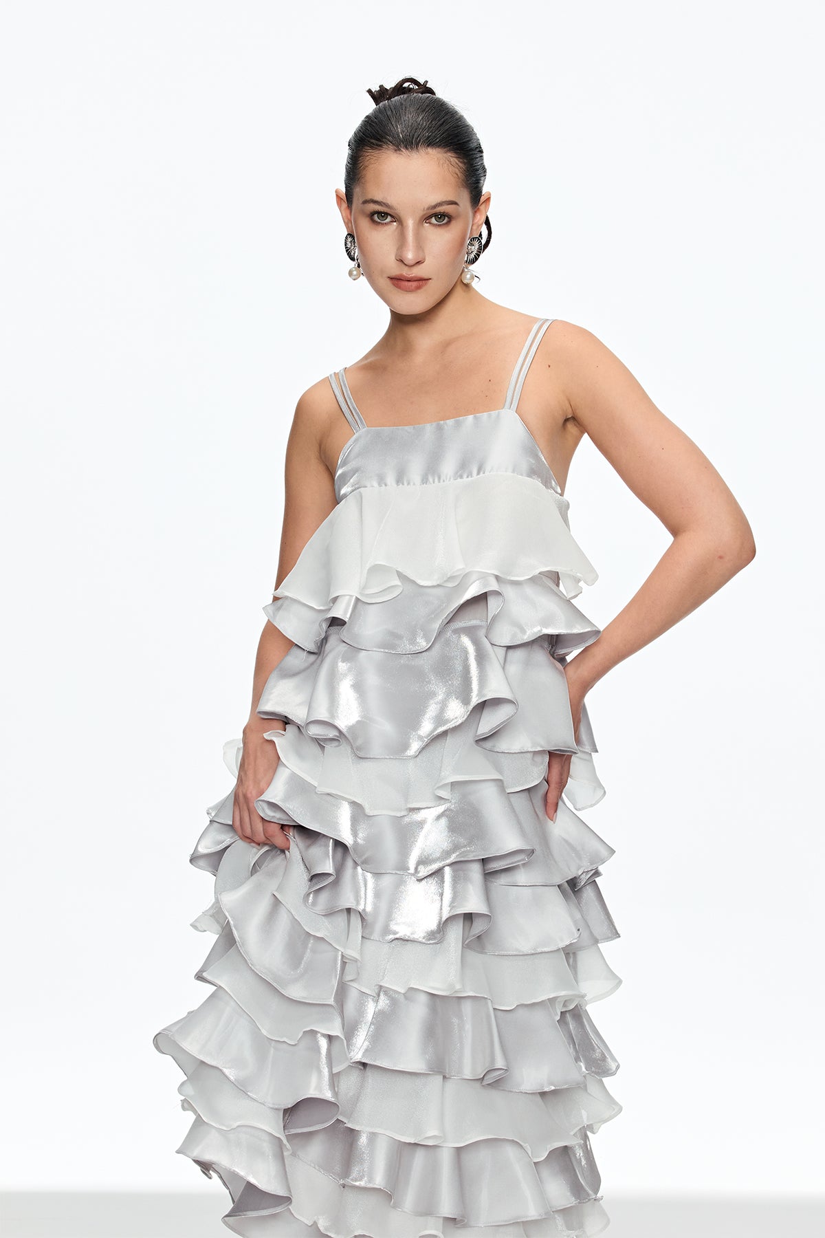 Grey Ruffle Spaghetti Midi Dress
