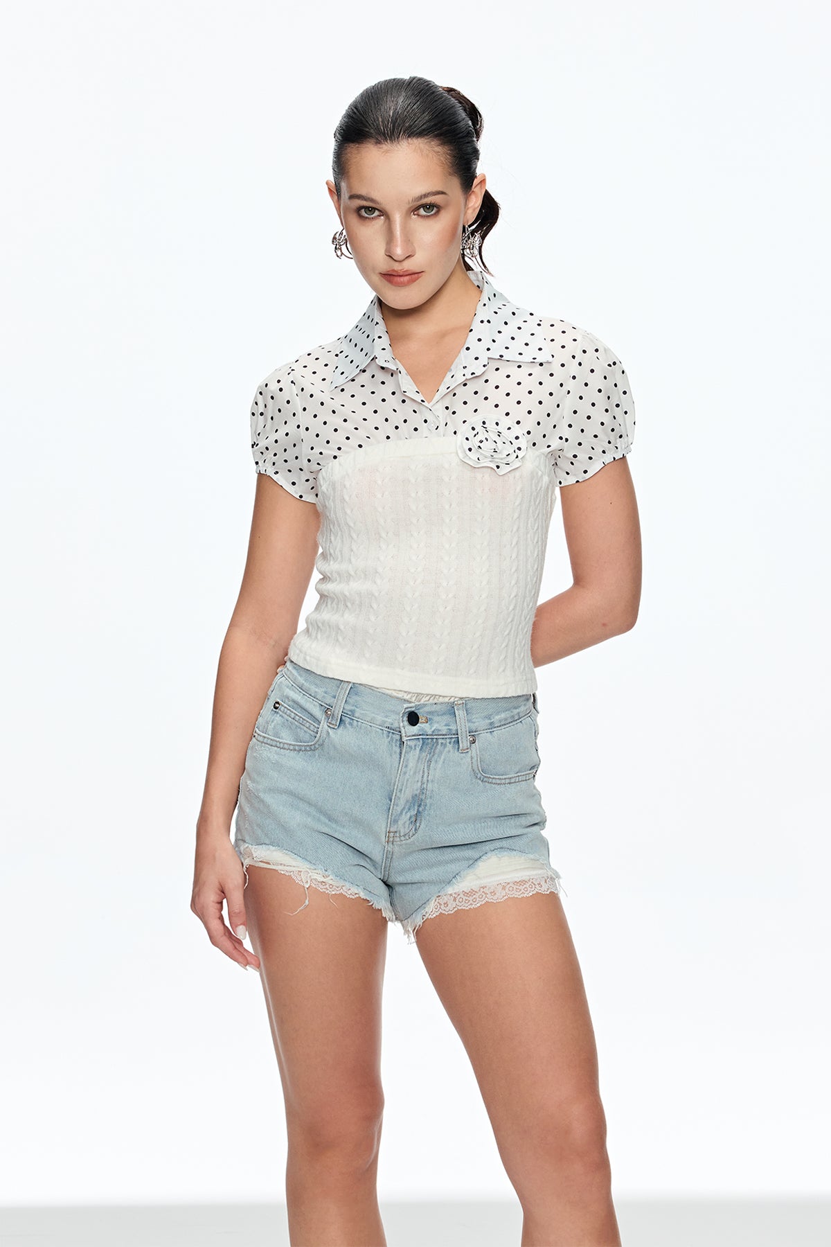Dot Knit Flower Top in White | Elegant Floral Pattern