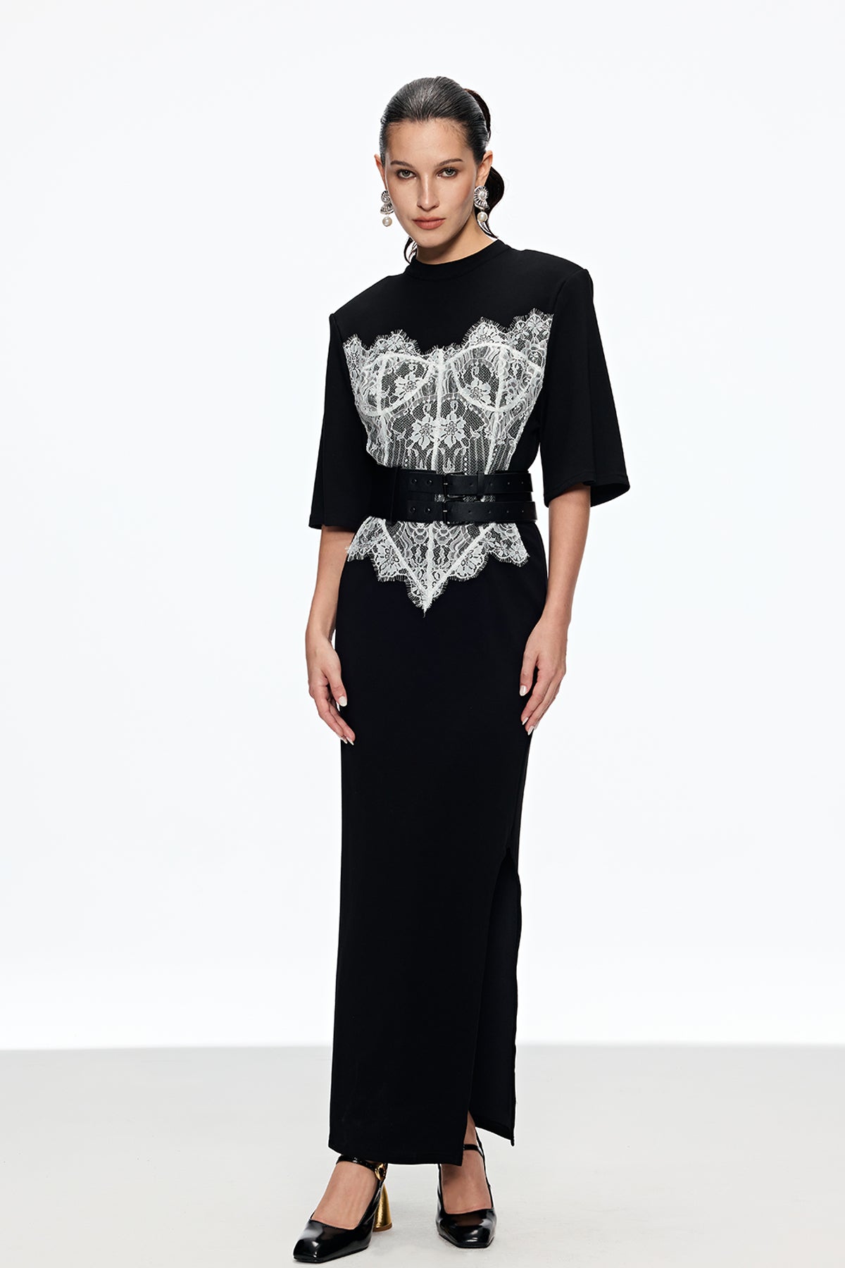 Elegant Lace Split Maxi Dress with Buckle Detail