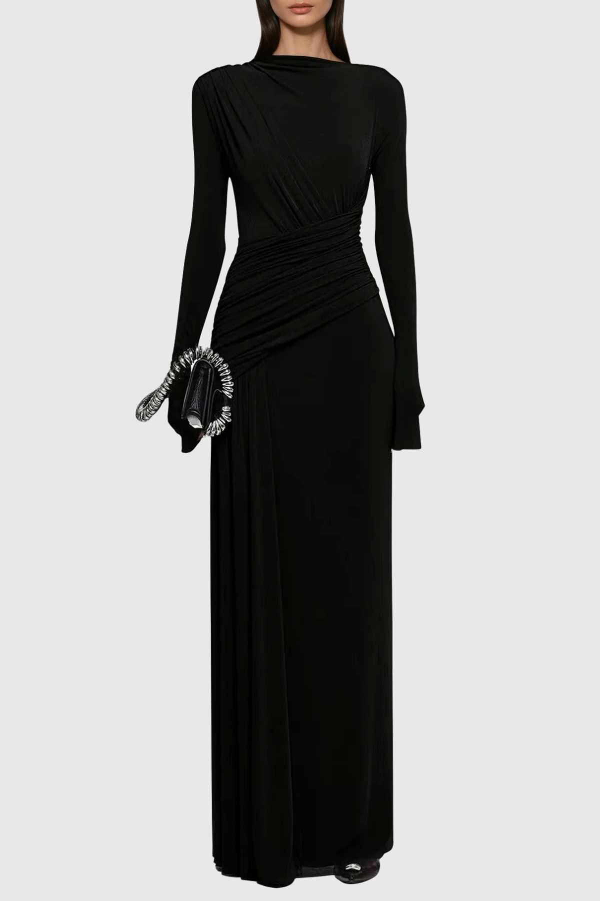 Elegant Black Ruched Maxi Dress with Asymmetric Design