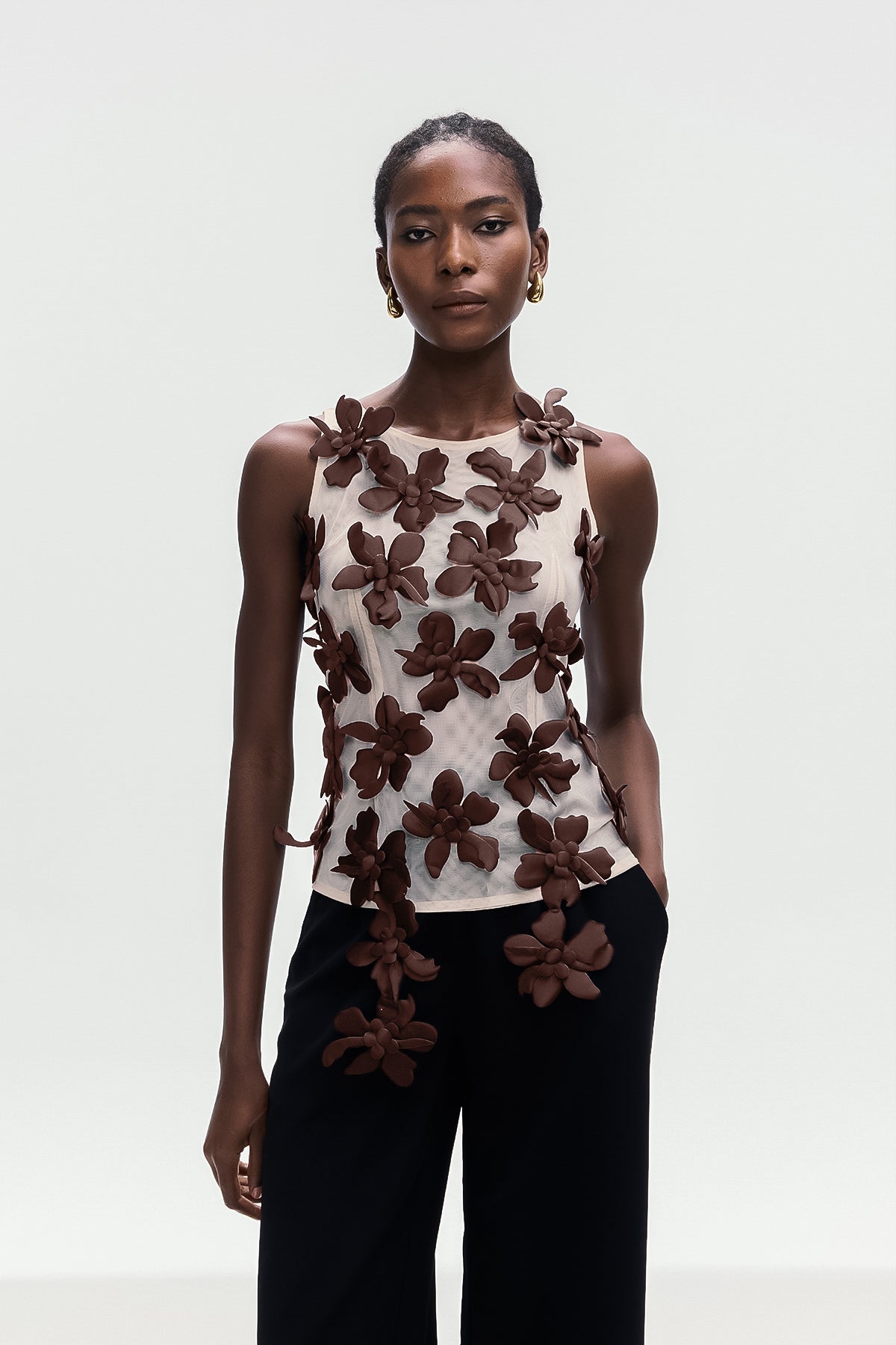 Brown Floral Sleeveless Top for Women
