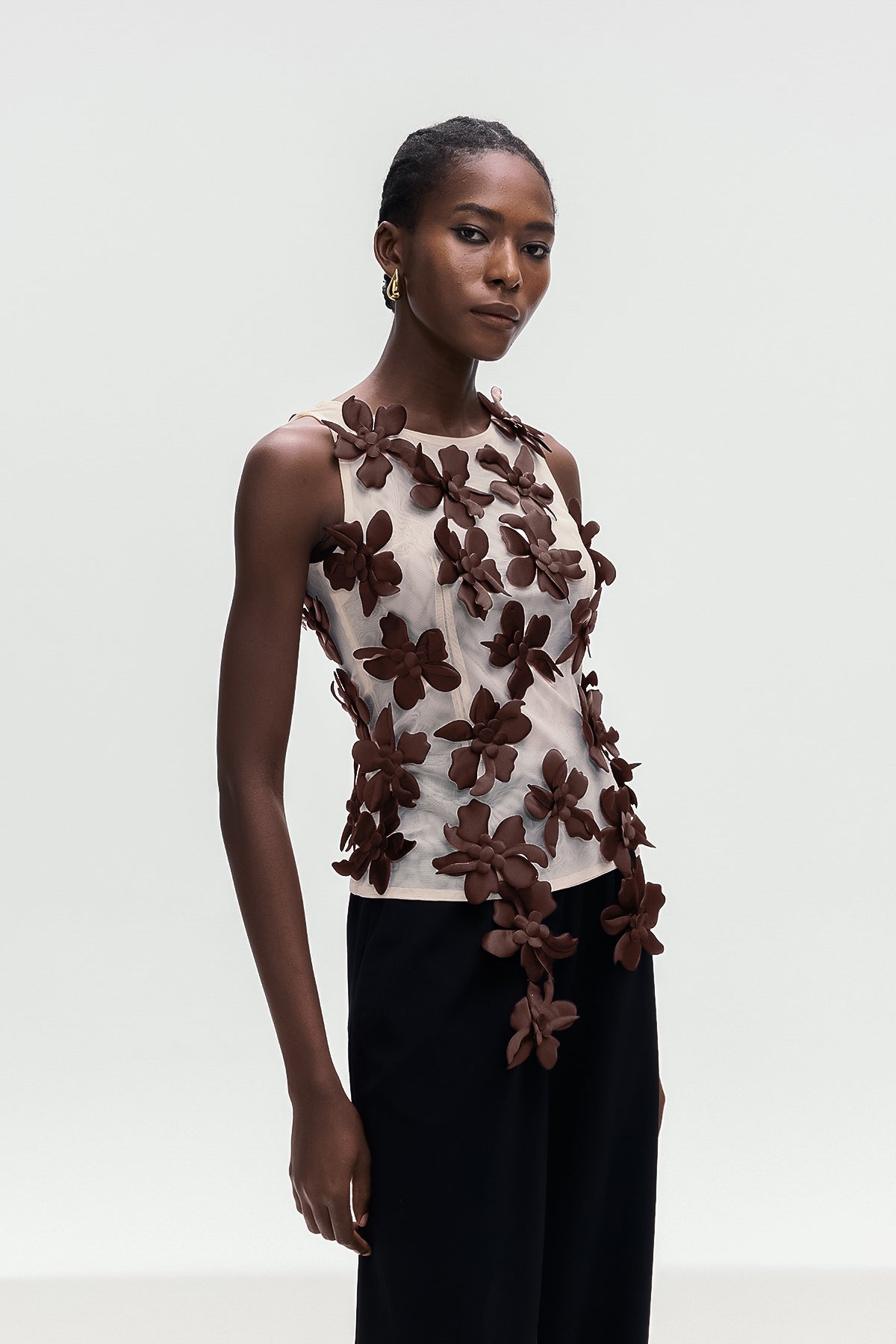 Brown Floral Sleeveless Top for Women