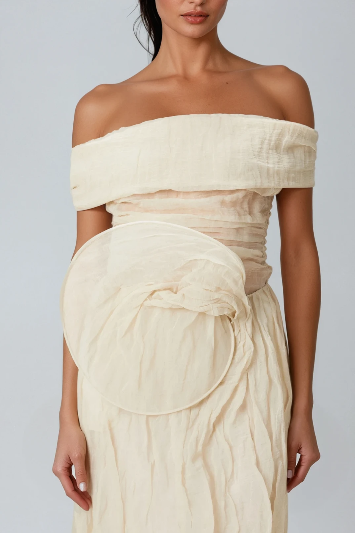 Floral Ruched Strapless Top Beige Womens Chic Essential - Boutros