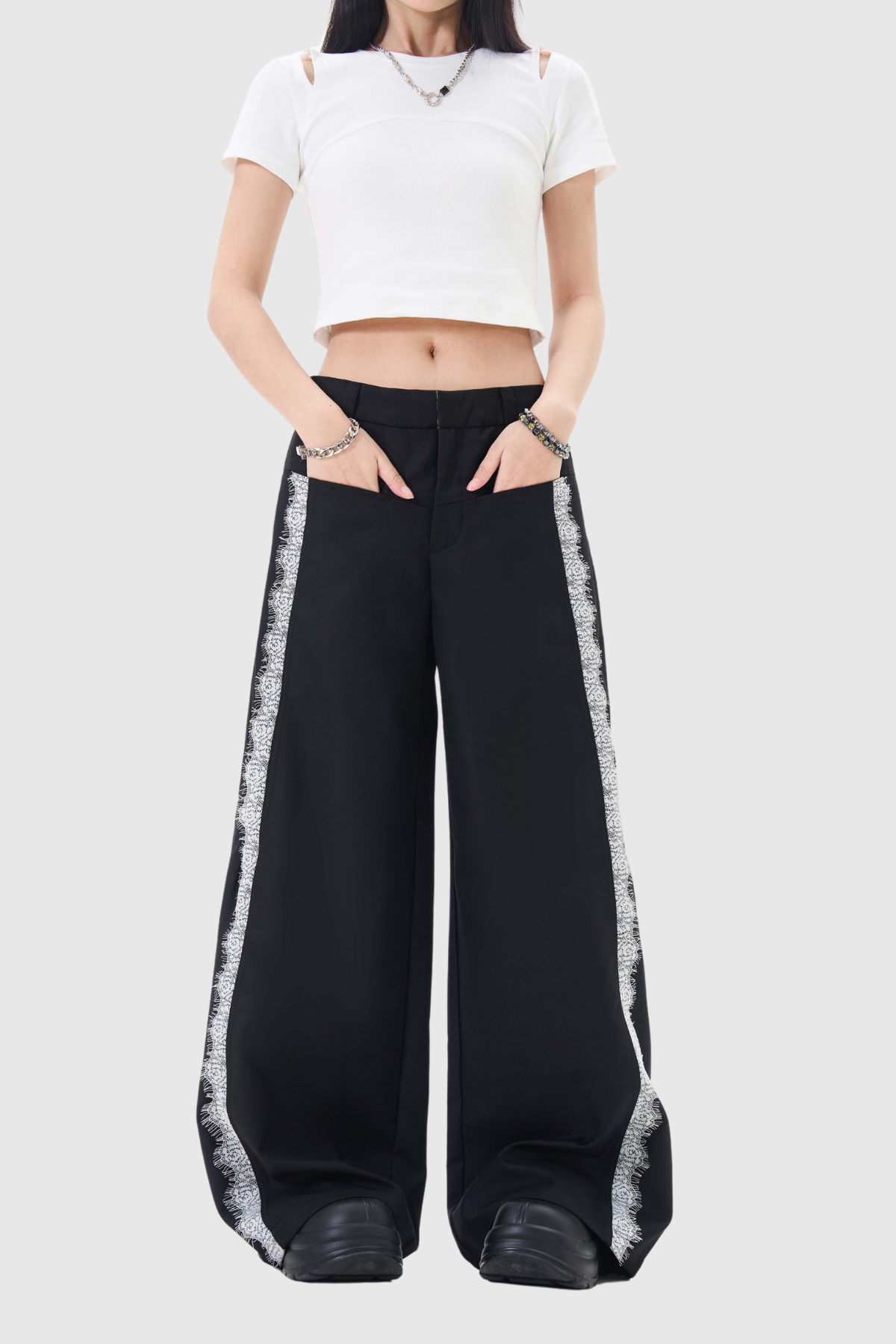 Black Lace Pants | Elegant Tailored Fit Trousers