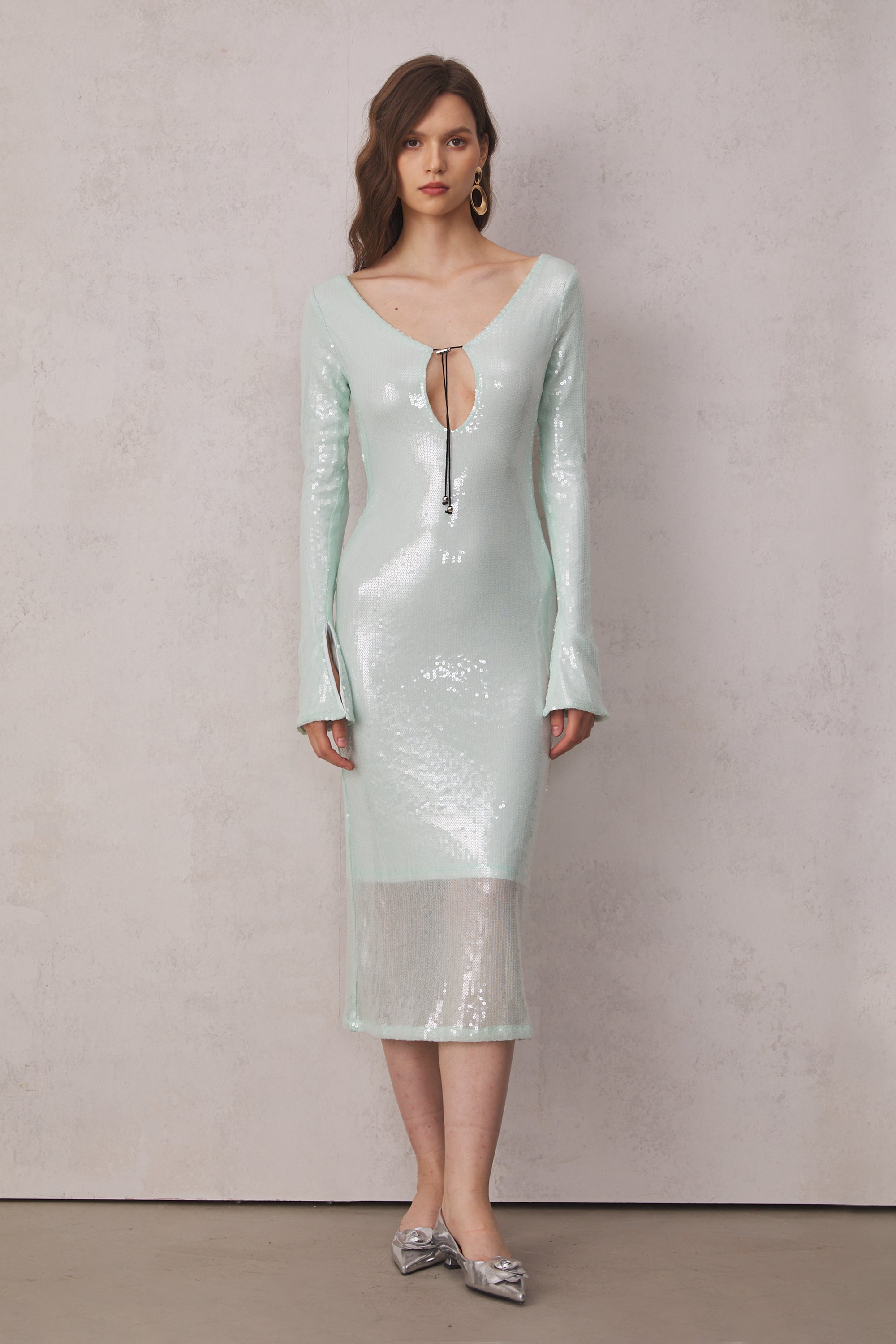 Teal Sequin Open Back Midi Dress with Long Sleeves