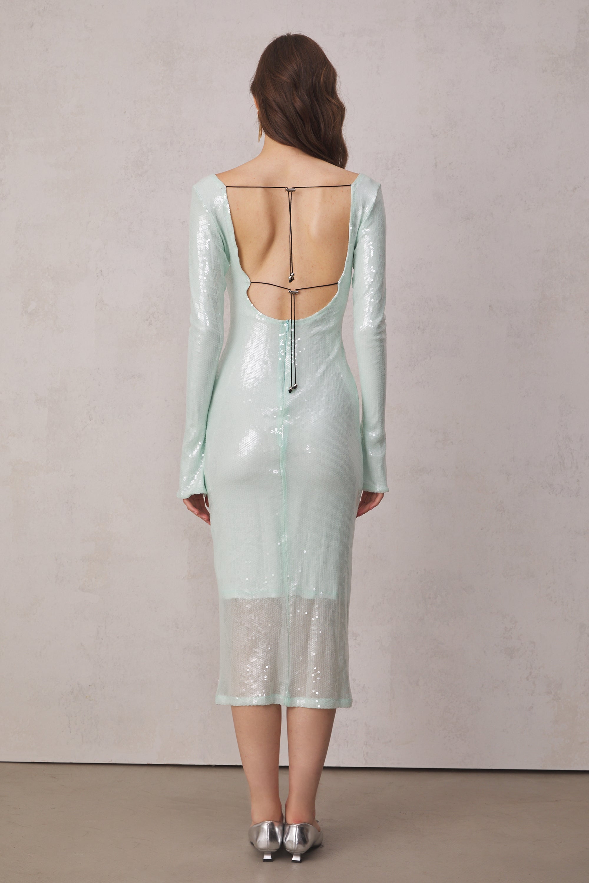 Teal Sequin Open Back Midi Dress with Long Sleeves