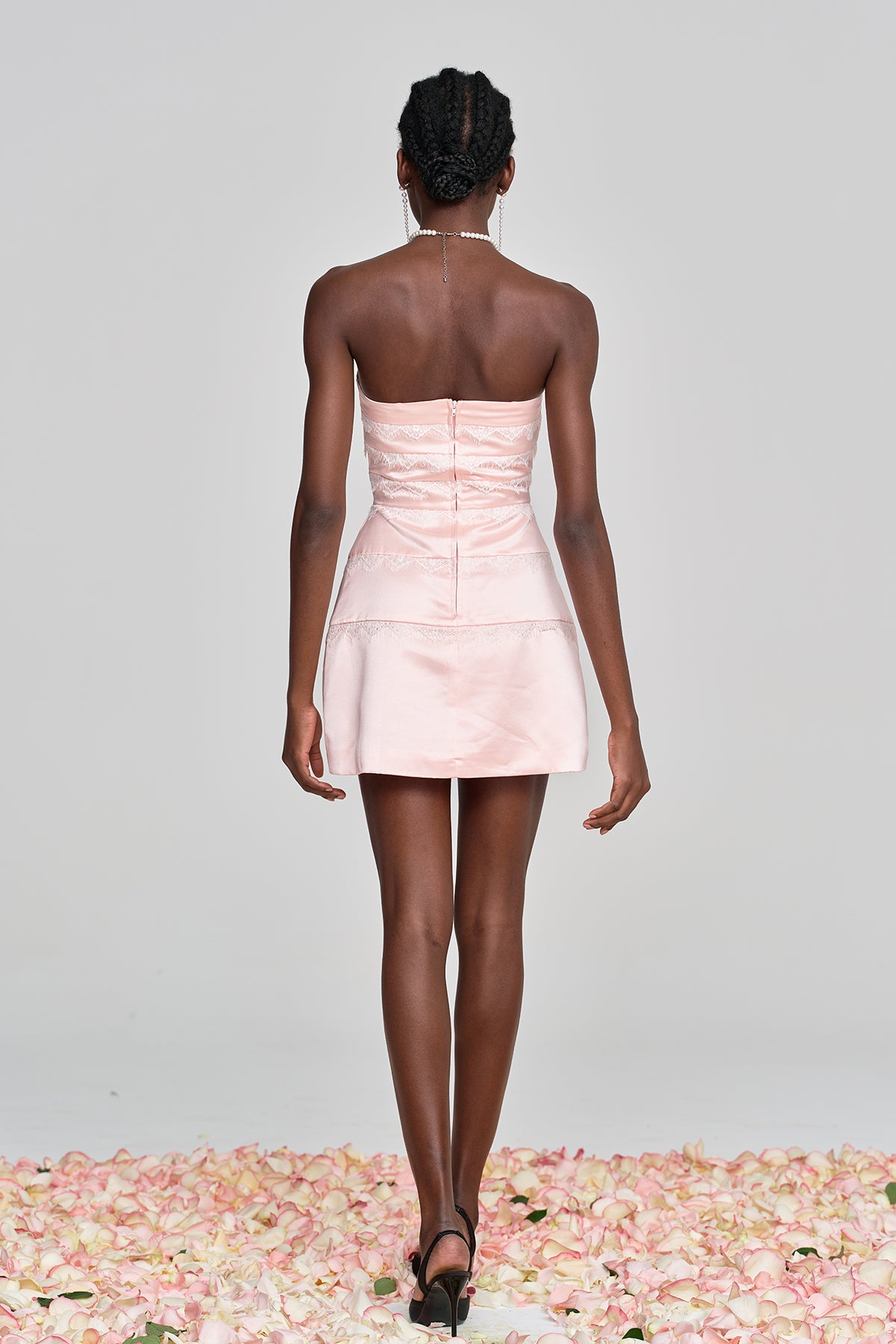 Pink Lace Strapless Mini Dress with Bow Detail