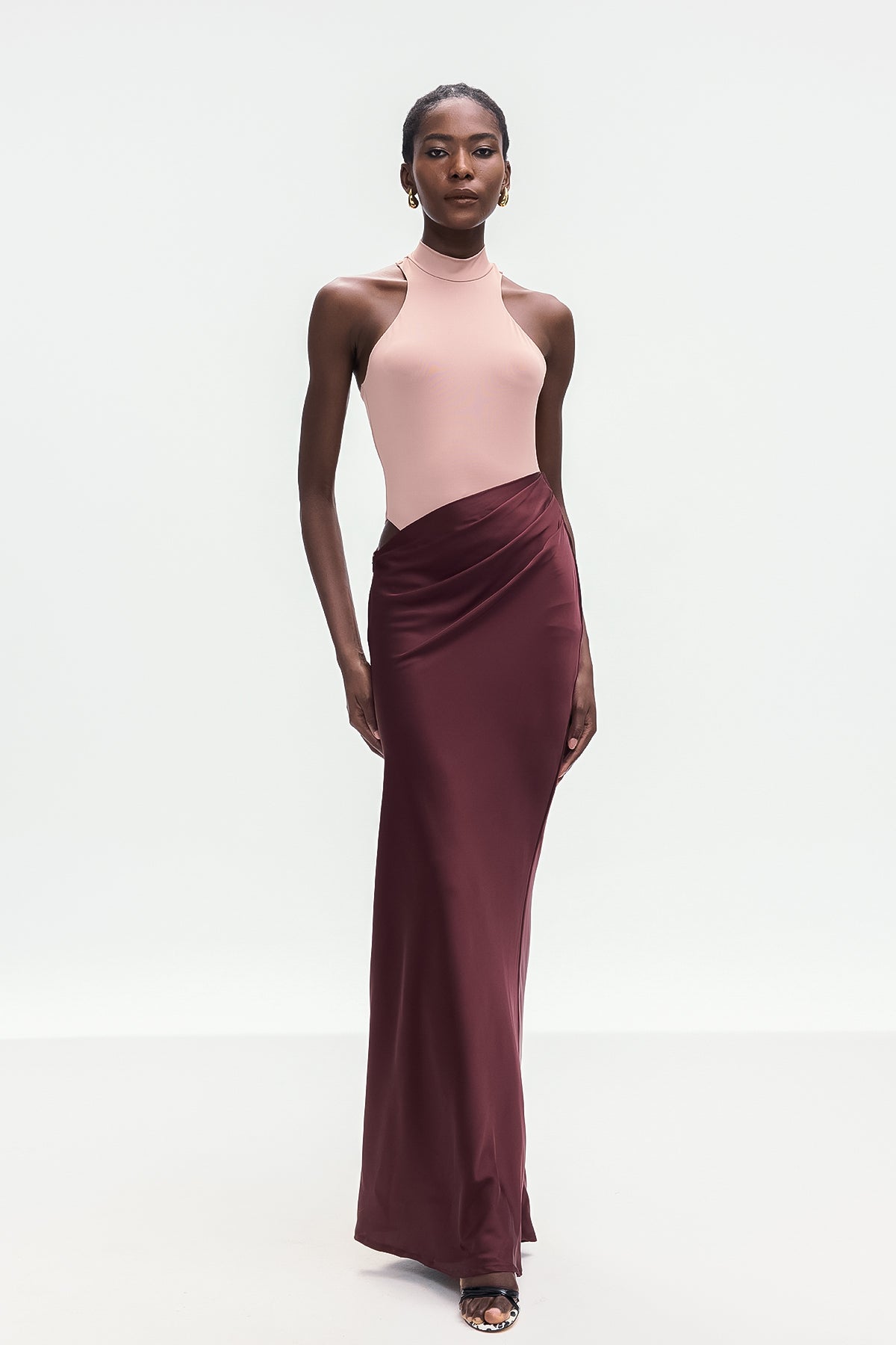 Khaki Satin Maxi Dress with Tank Top Design