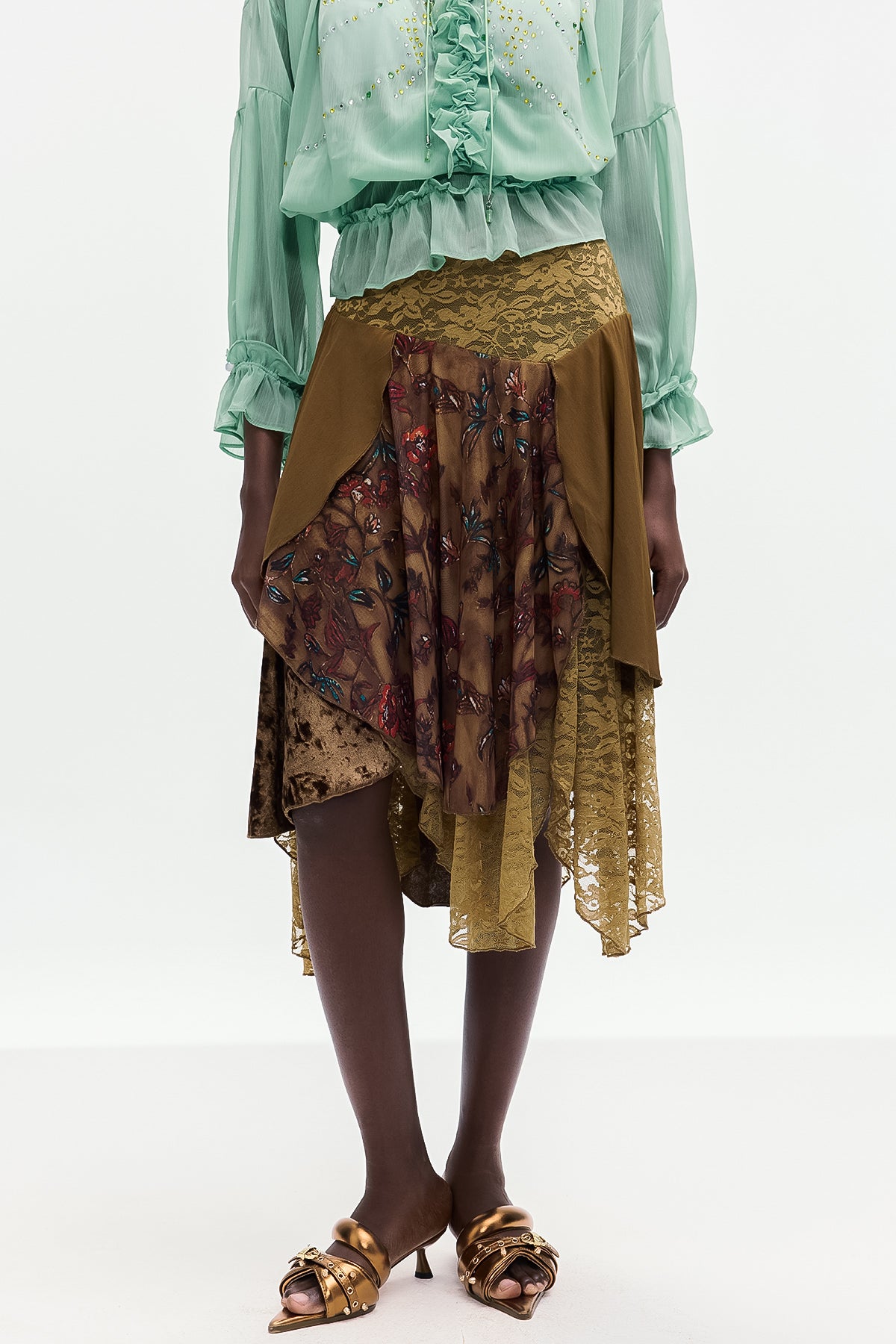 Brown Lace Patchwork Midi Skirt - Elegant Boho Style