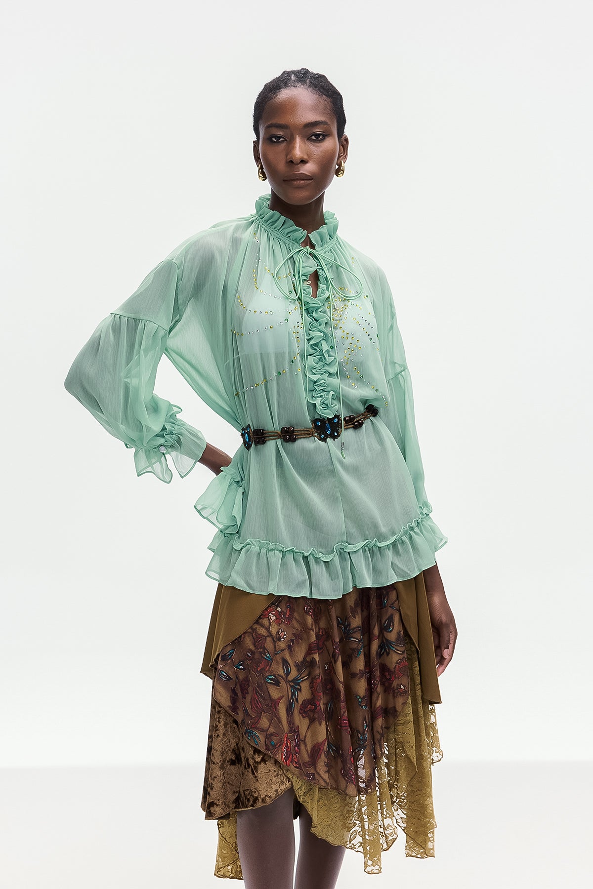Green Drawstring Ruffle Shirt for Women