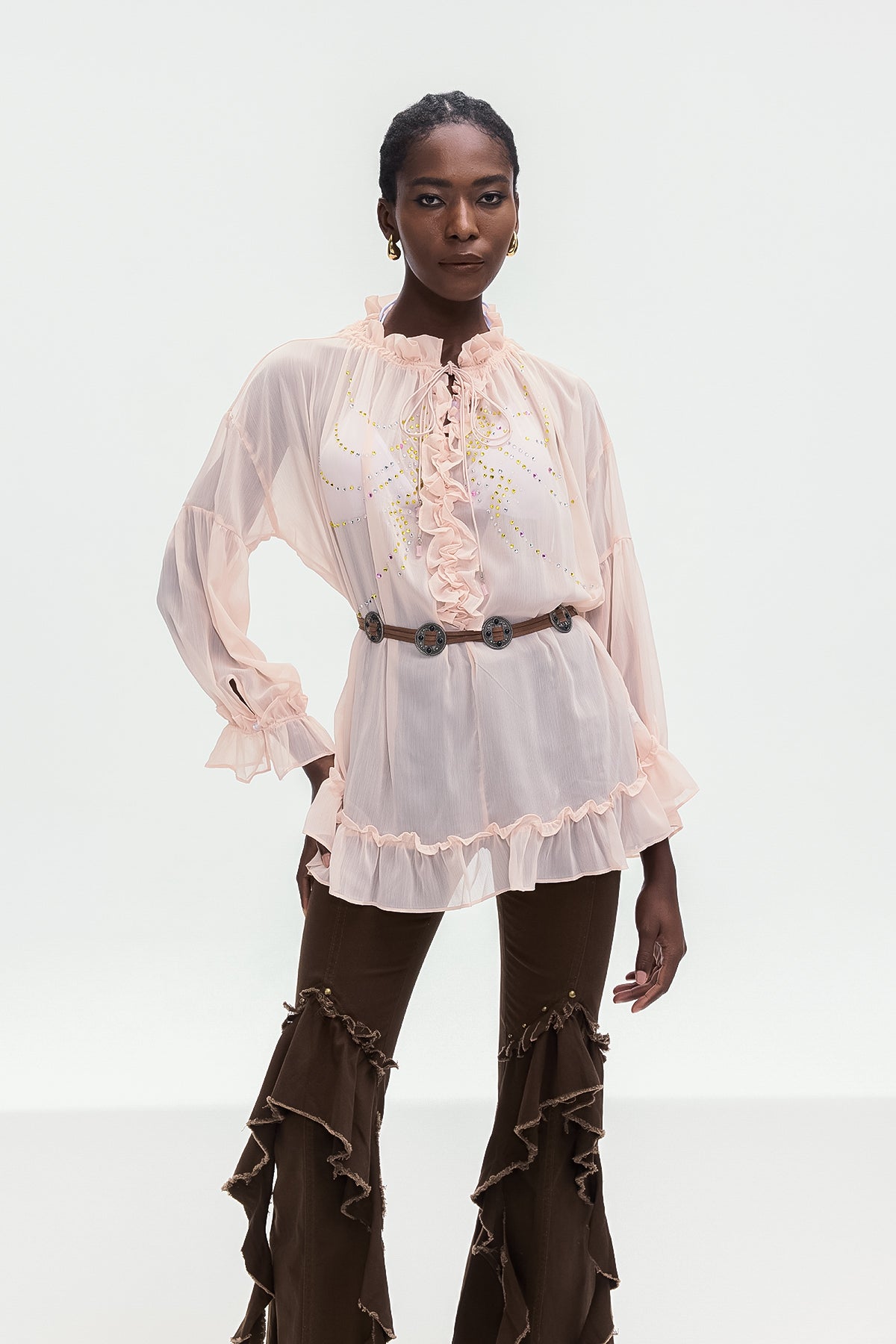 Pink Ruffle Drawstring Shirt for Women
