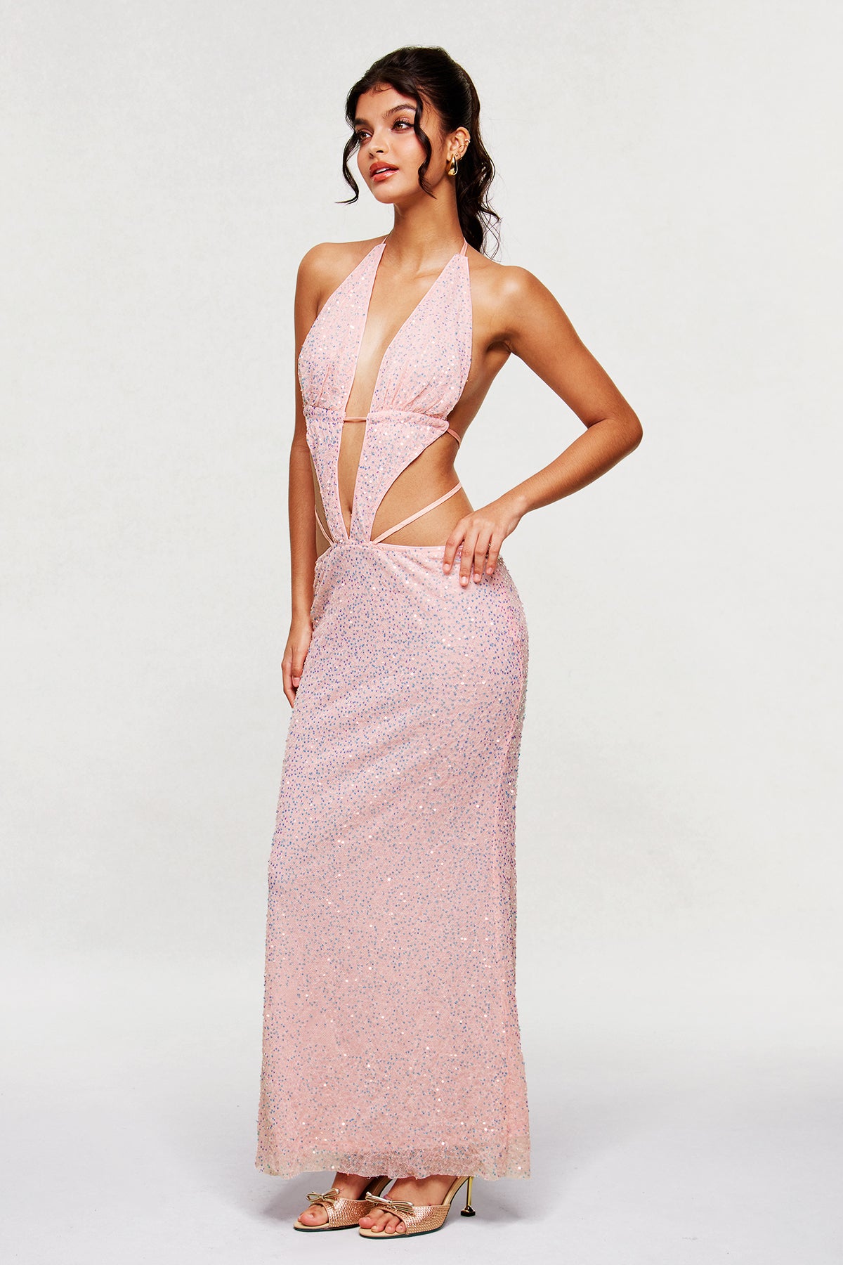 Pink Sequin Cutout Maxi Dress - Elegant & Modern Style