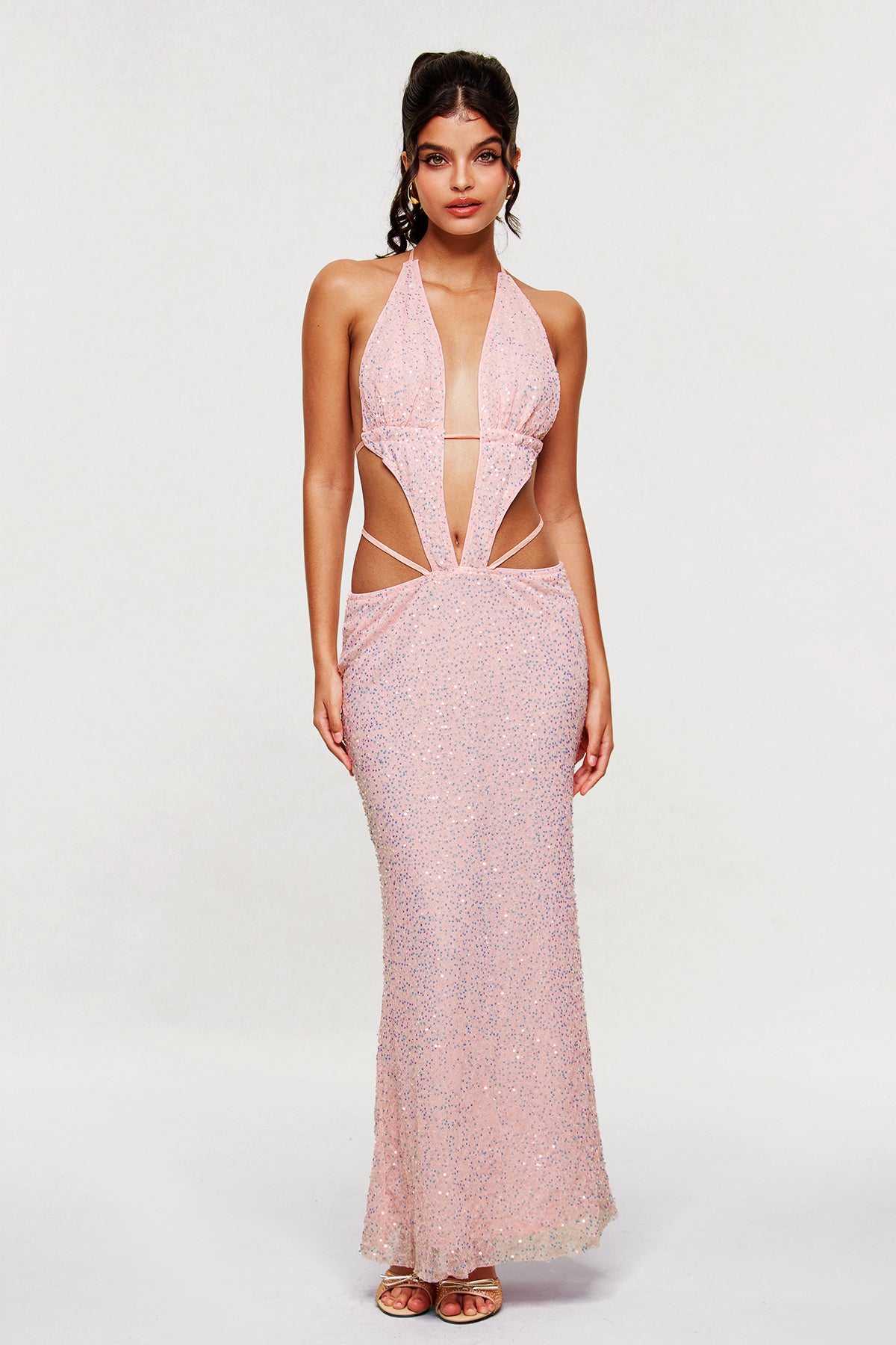 Pink Sequin Cutout Maxi Dress - Elegant & Modern Style