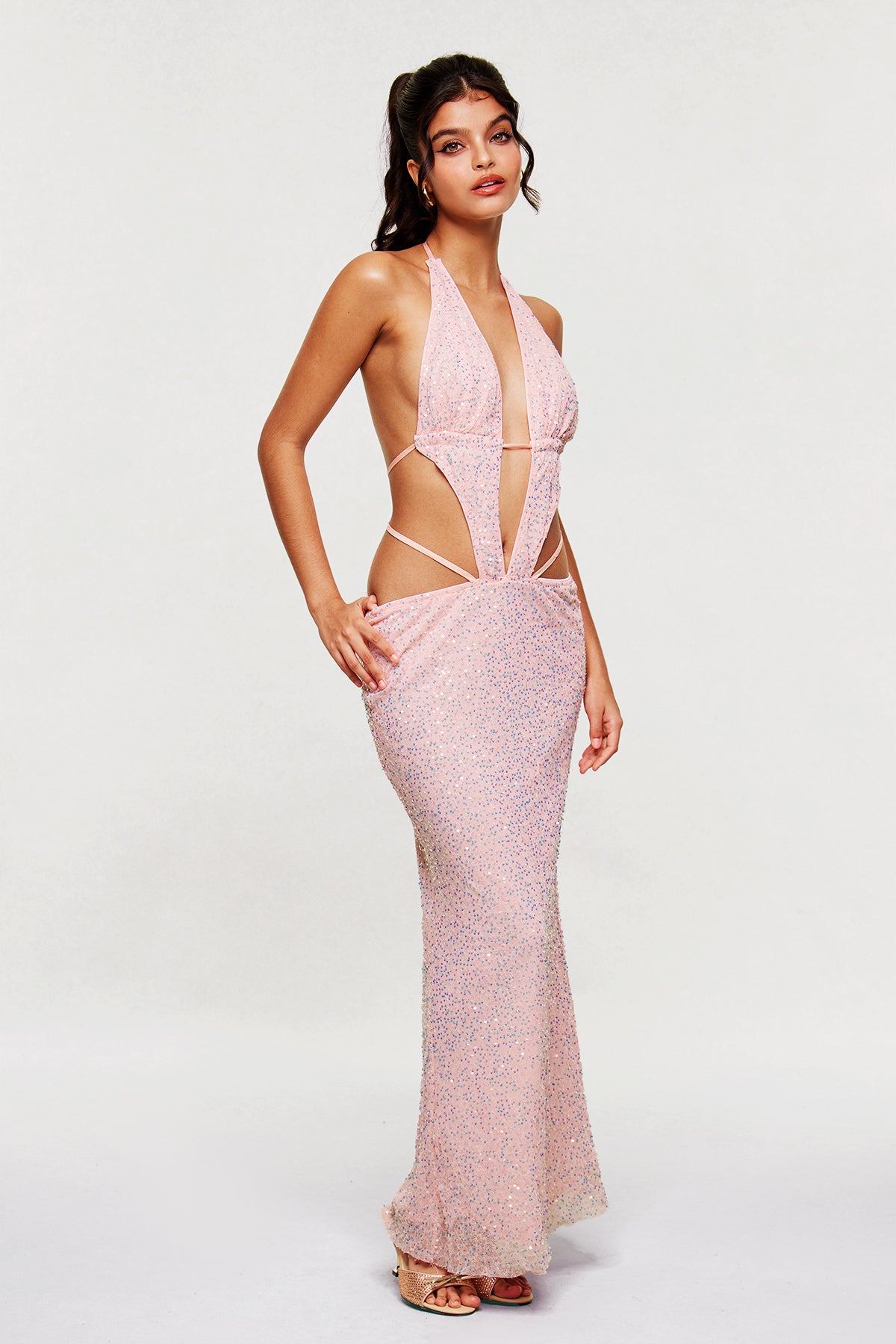 Pink Sequin Cutout Maxi Dress - Elegant & Modern Style