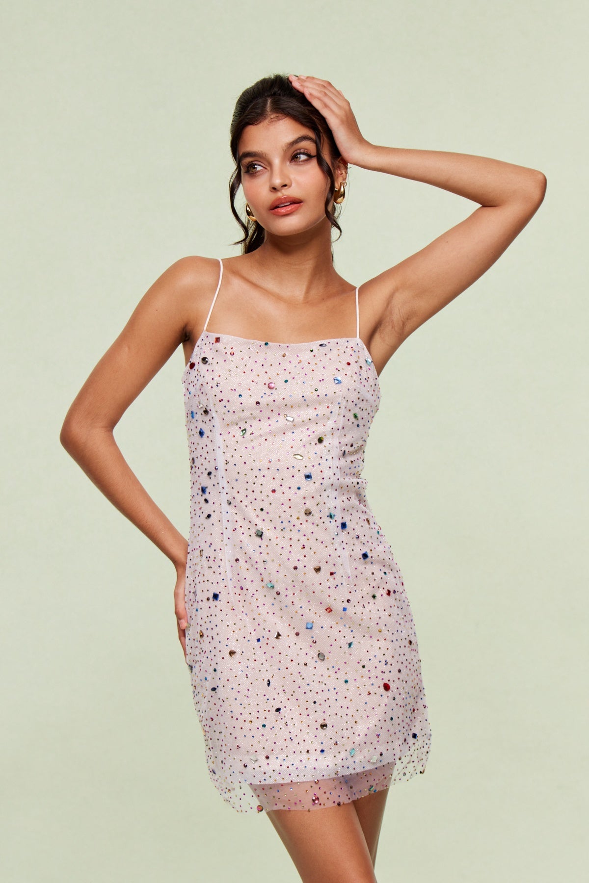 Pink Crystal Embellished Mesh Mini Dress