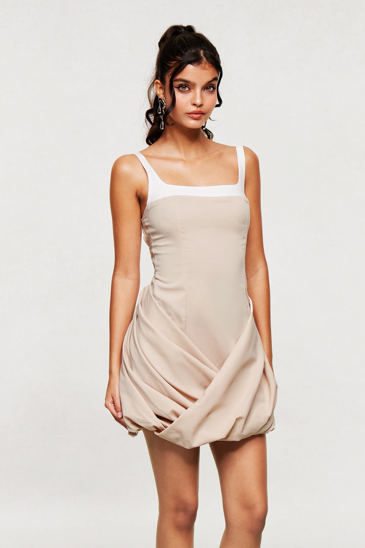 Khaki Ruched Mini Dress - Elegant Day-to-Night Style