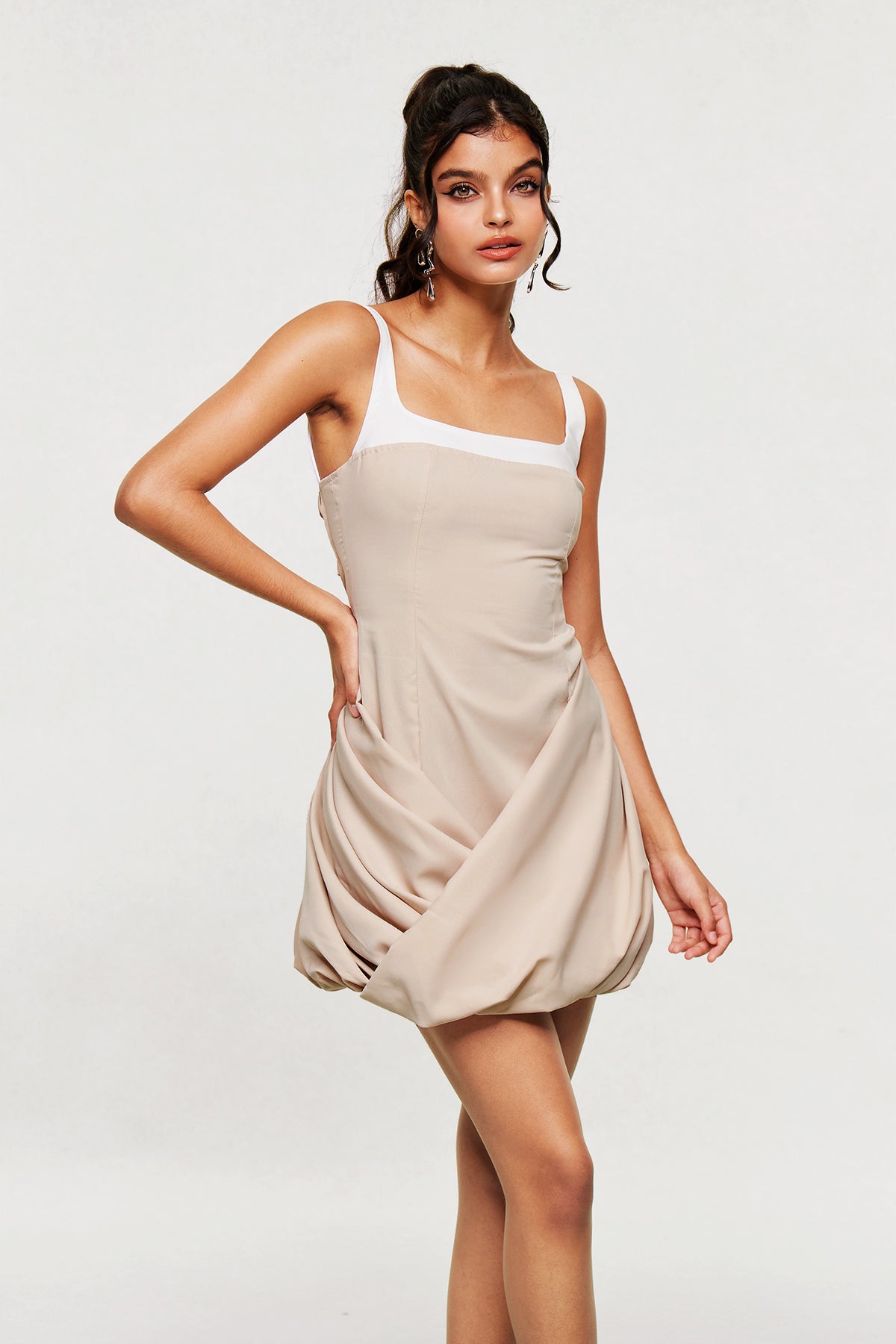 Khaki Ruched Mini Dress - Elegant Day-to-Night Style