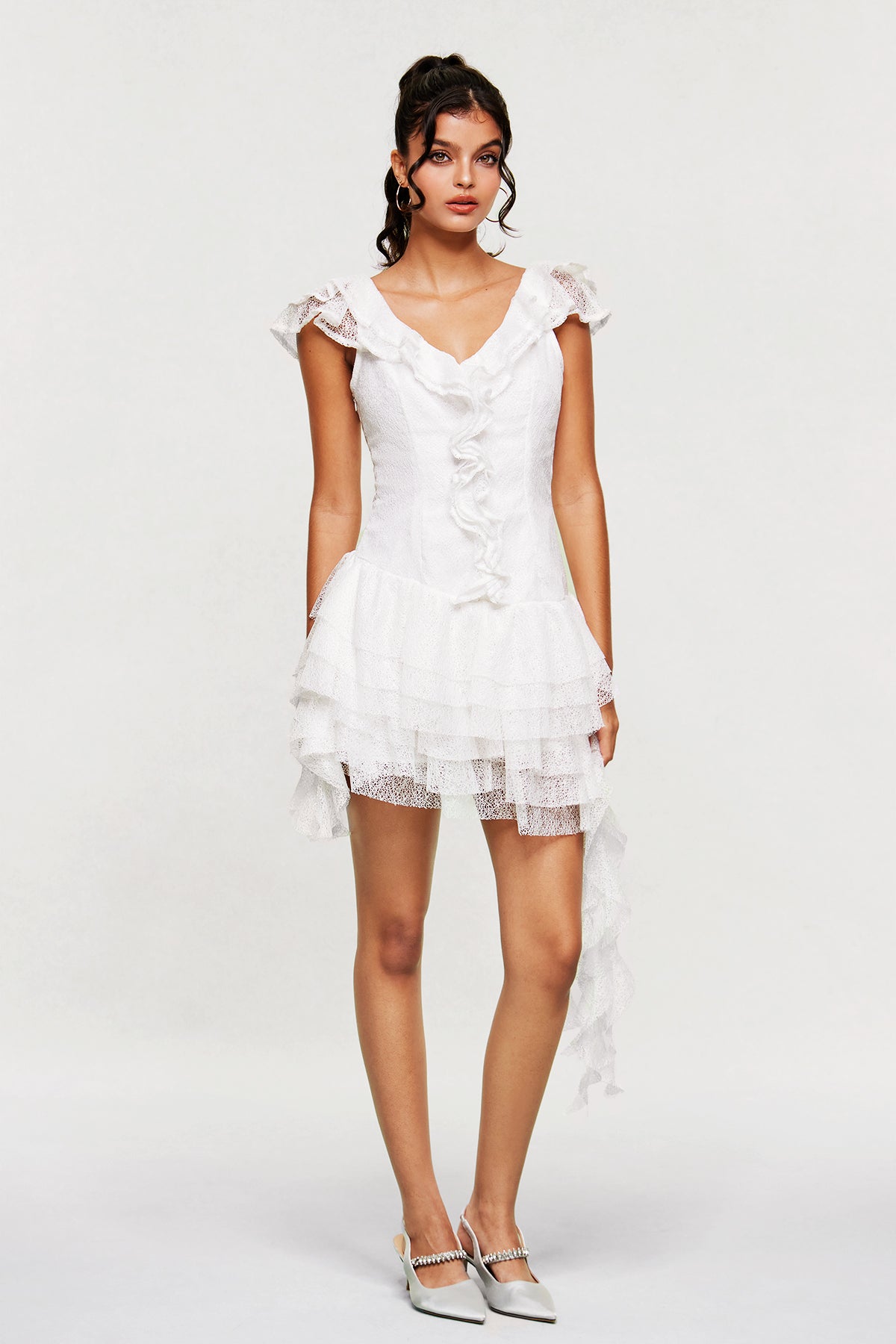 White Ruffle Asymmetric Mini Dress for Women