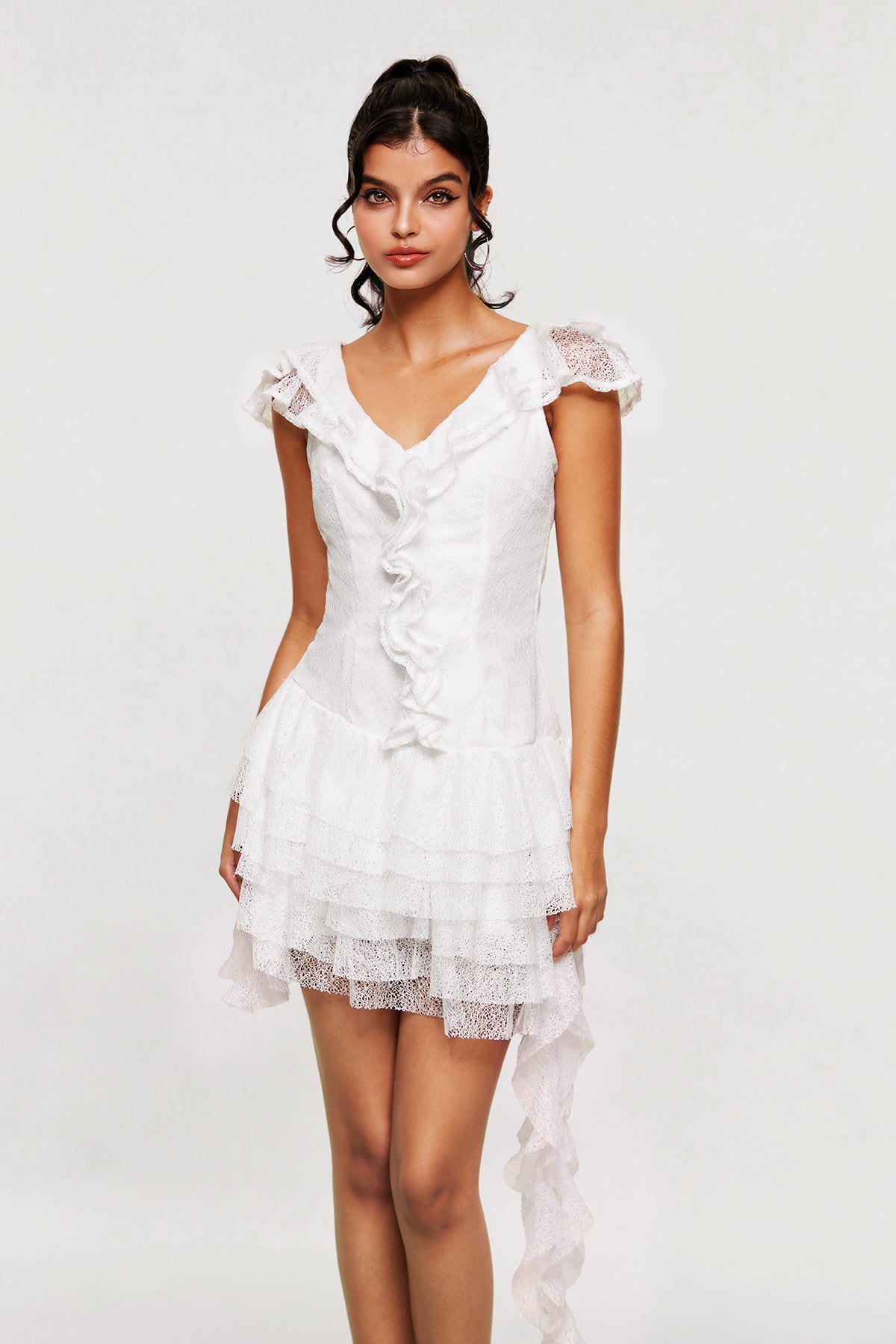 White Ruffle Asymmetric Mini Dress for Women