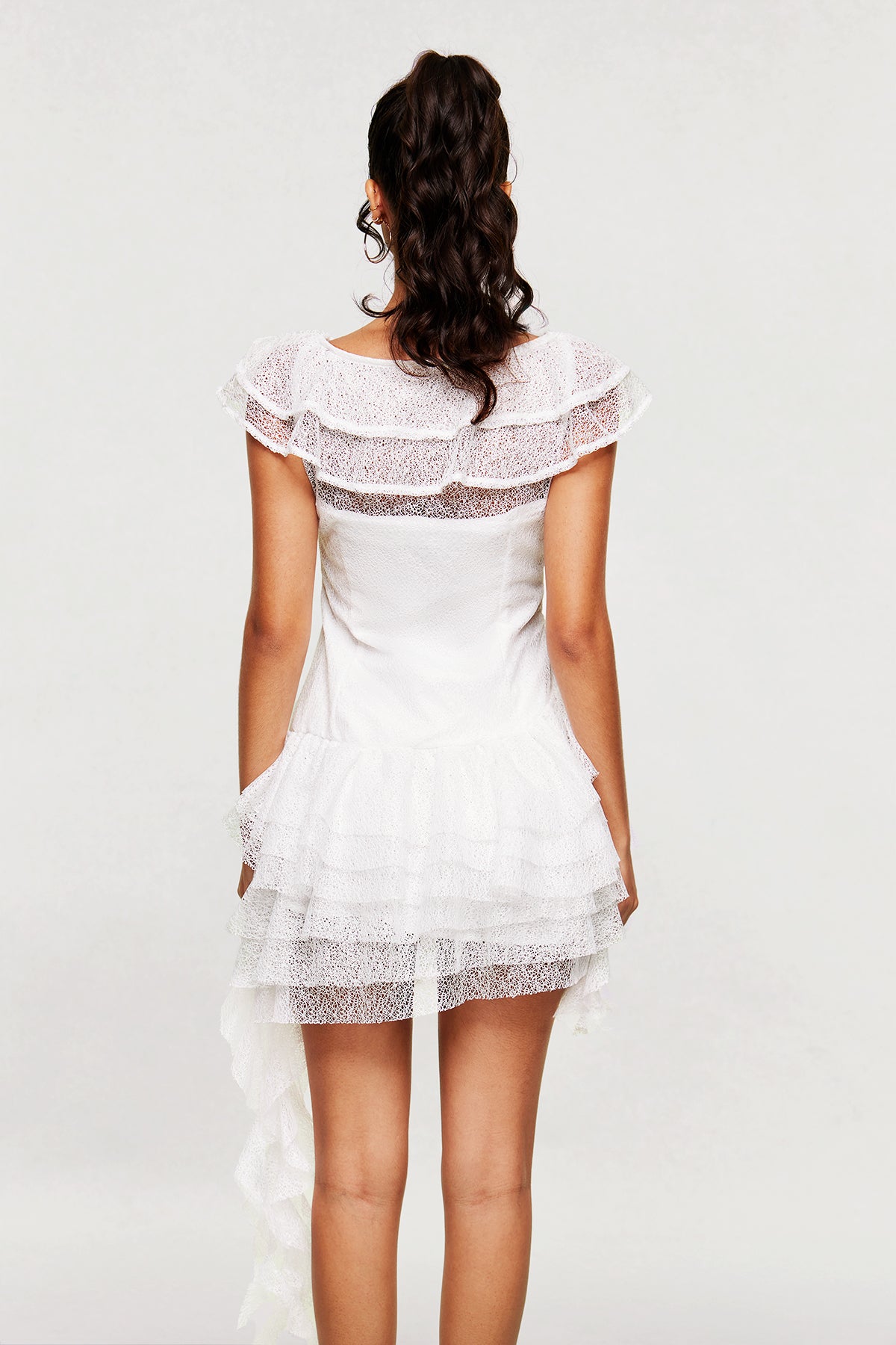 White Ruffle Asymmetric Mini Dress for Women