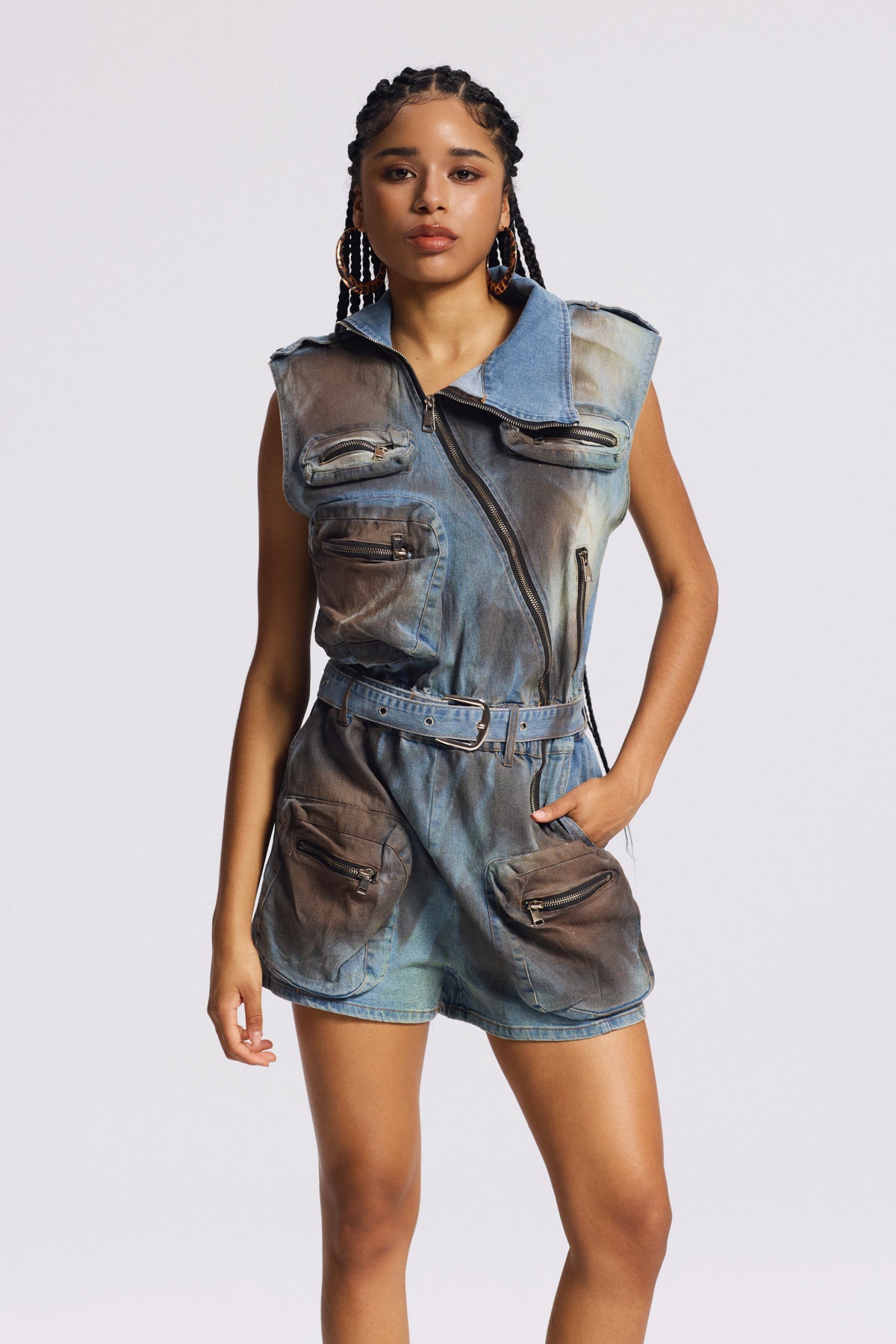Bleached Denim Asymmetric Pocket Jumpsuit