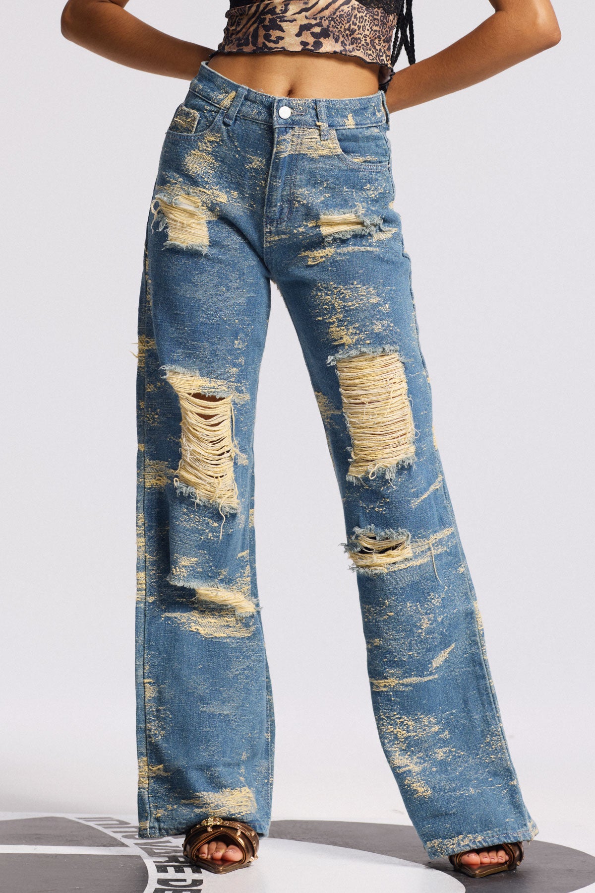 Blue Tie Dye Distressed Straight Jeans - Premium Denim