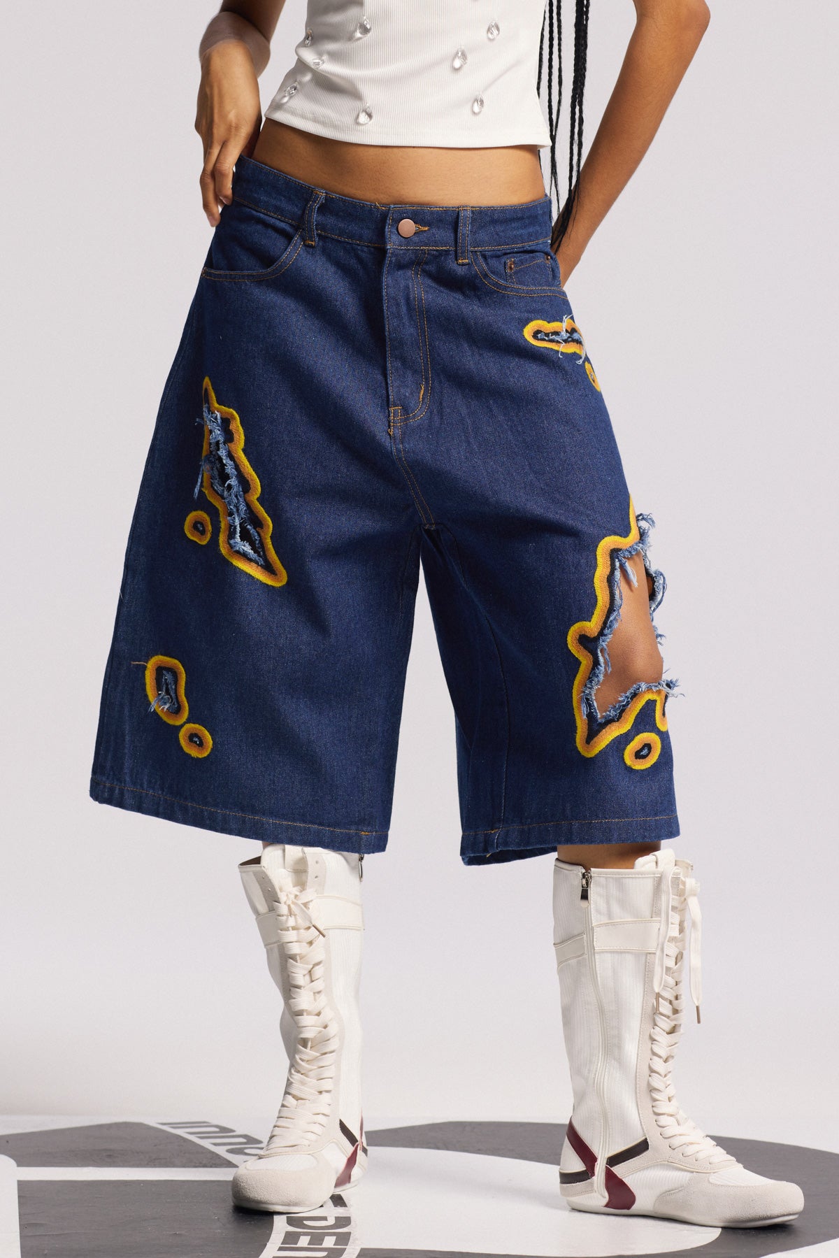 Deep Blue Cutout Midi Jeans Womens Versatile Denim