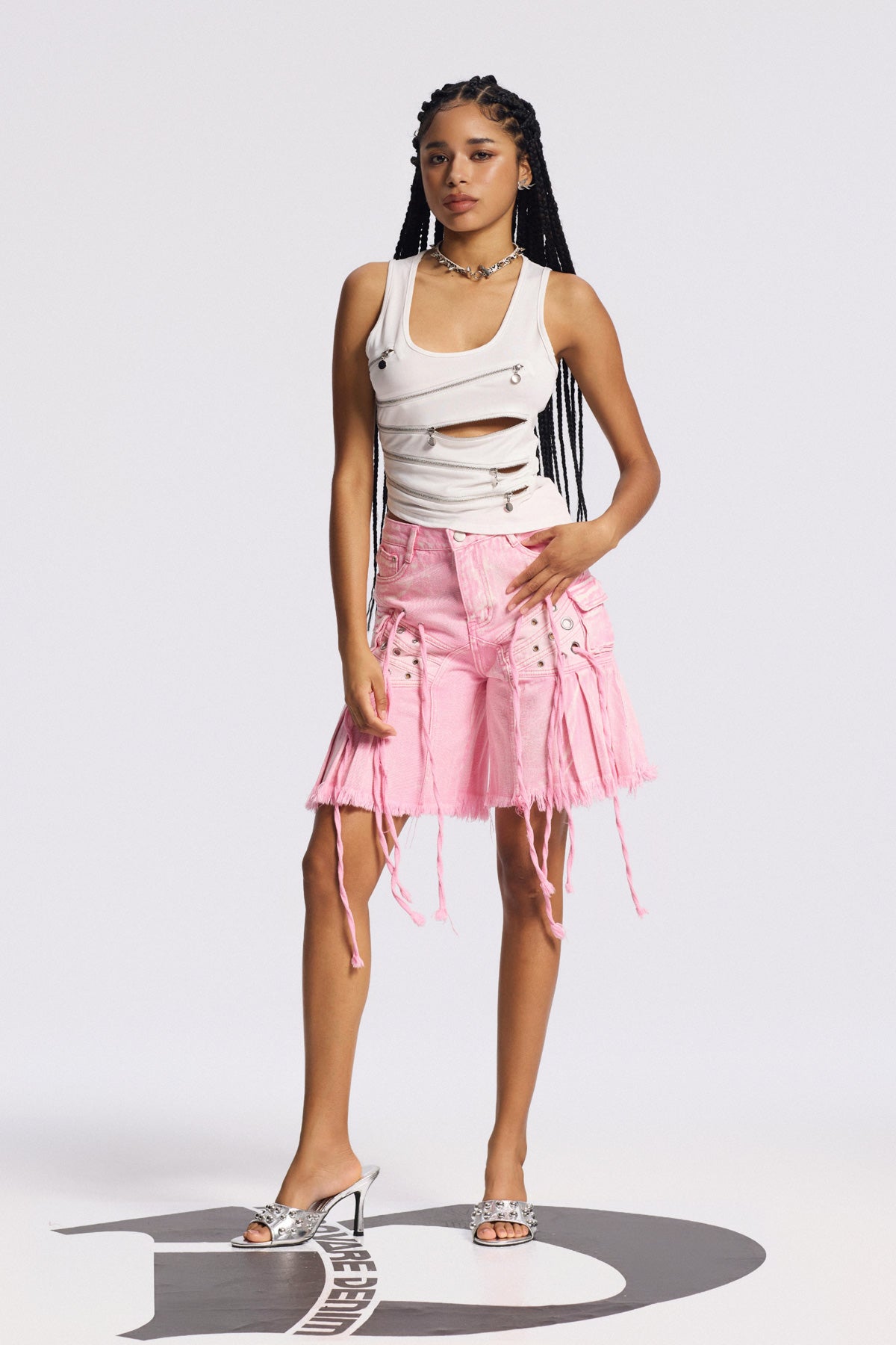 Pink Ruffle Fringe Midi Jeans - Premium Denim Style