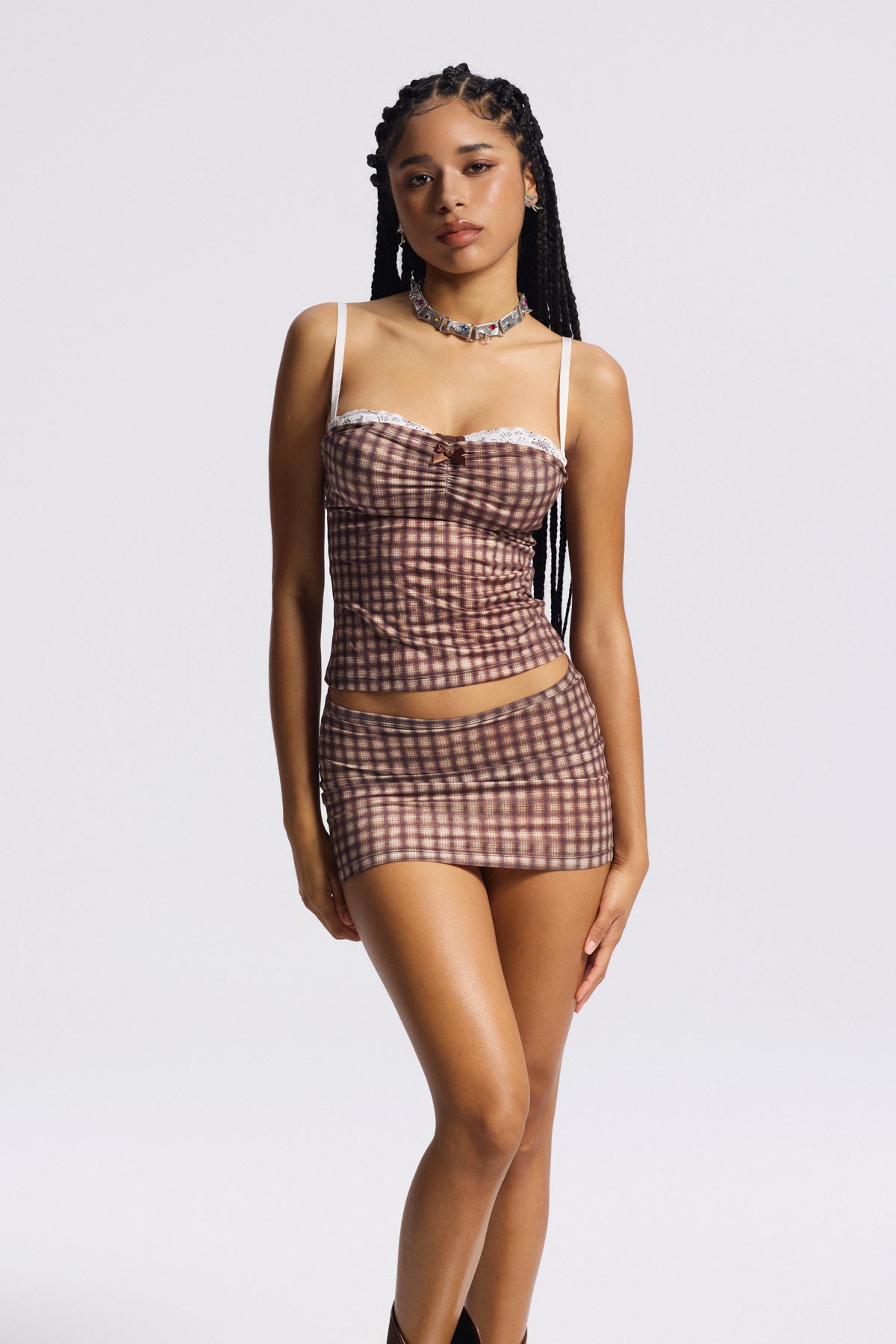 Red Grid Spaghetti Skirt Set