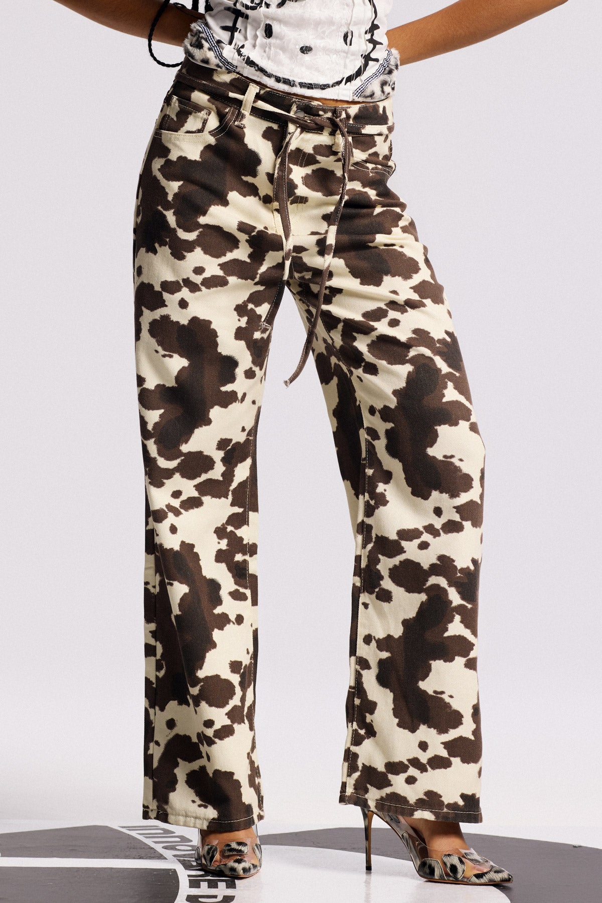 Bleached Cow Print Denim Jeans