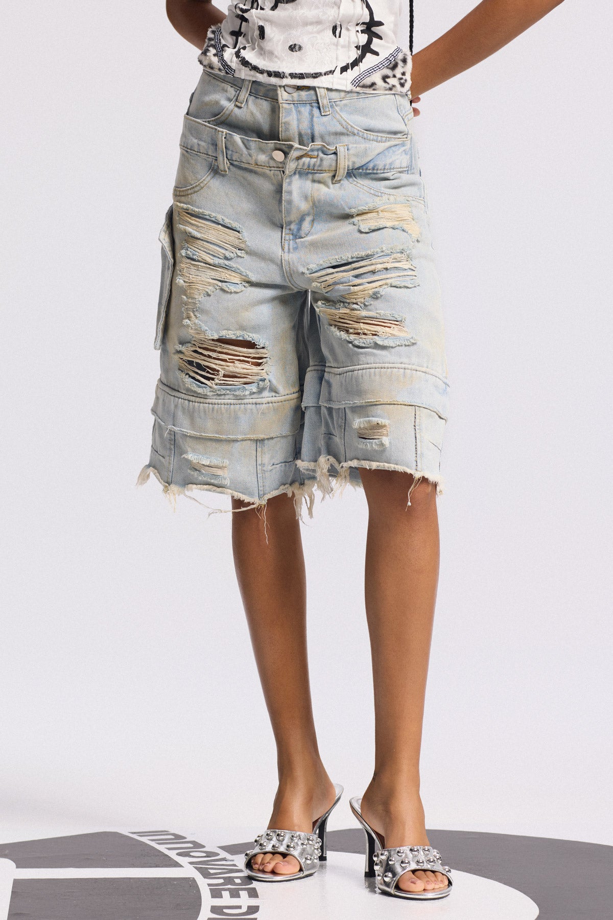 Bleached Midi Jeans with Deconstructed Elements