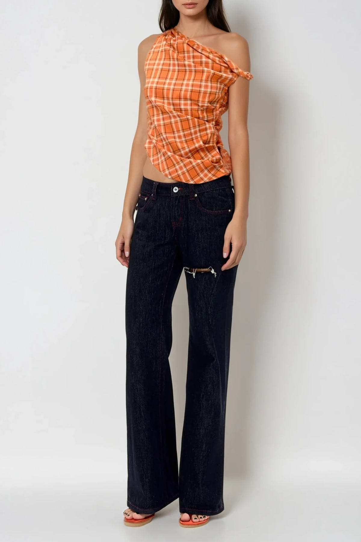Grid Ruched One Shoulder Top in Vibrant Orange