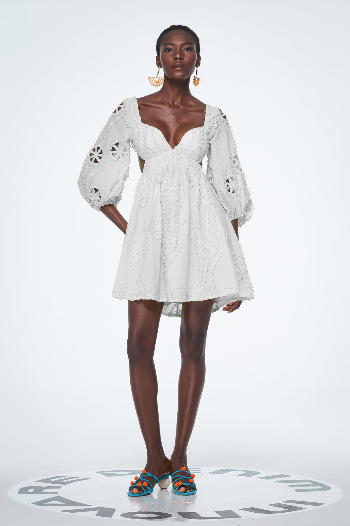 White Ruffle Mini Dress with Balloon Sleeves
