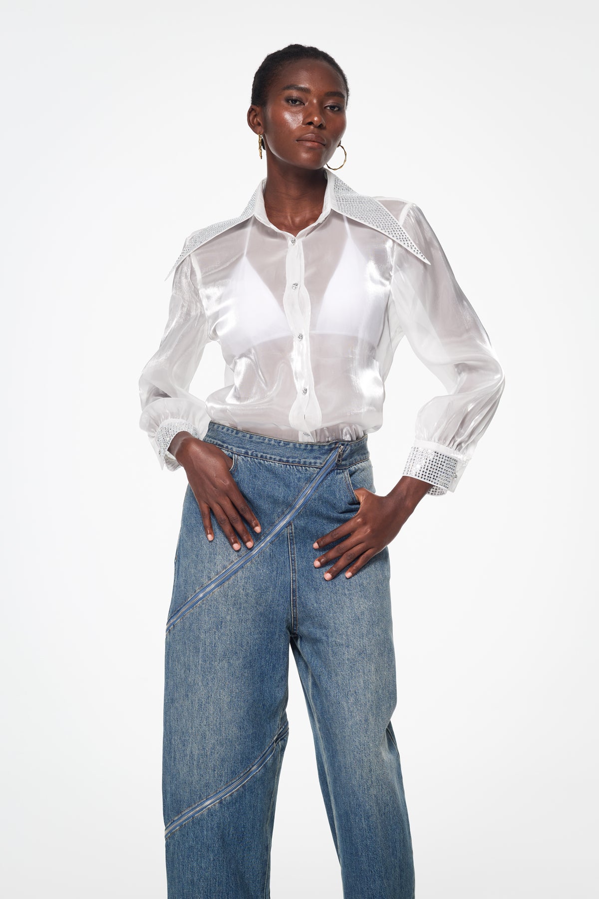 Elegant Rhinestone Lapel White Dress Shirt
