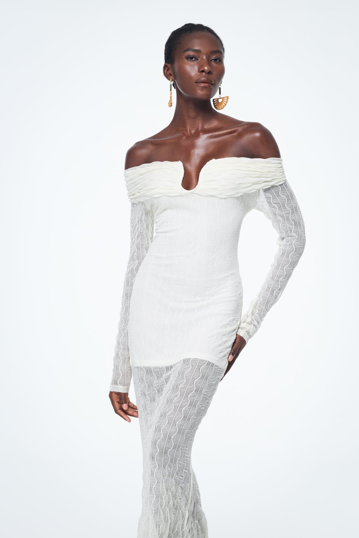 White Off Shoulder Ruched Maxi Dress