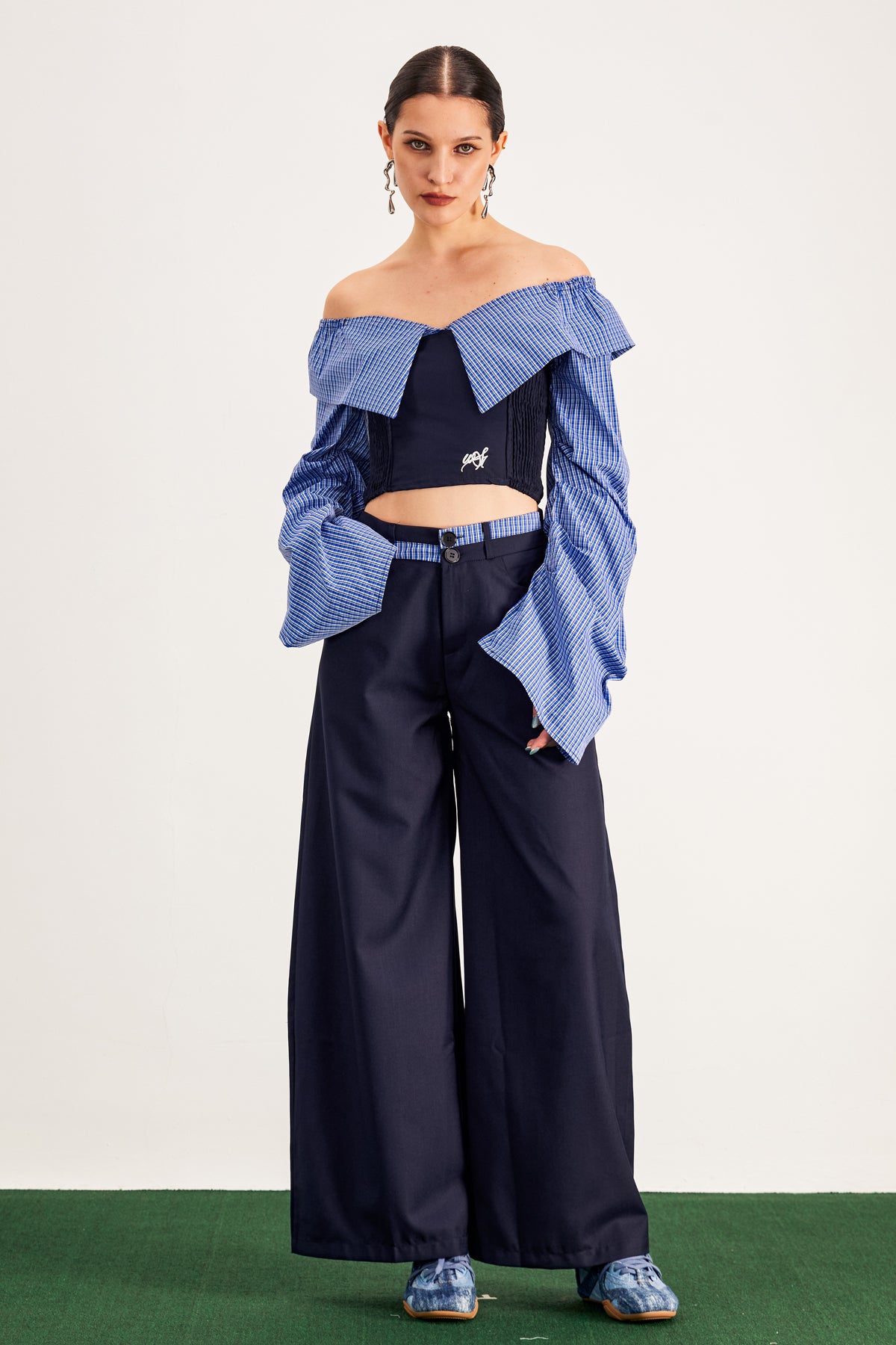 Chic Grid Off Shoulder Pants Set Blue Womens Urban Edge Style
