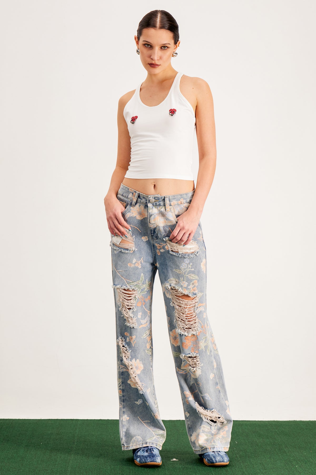 Floral Print Distressed Denim Jeans | Comfortable & Stylish