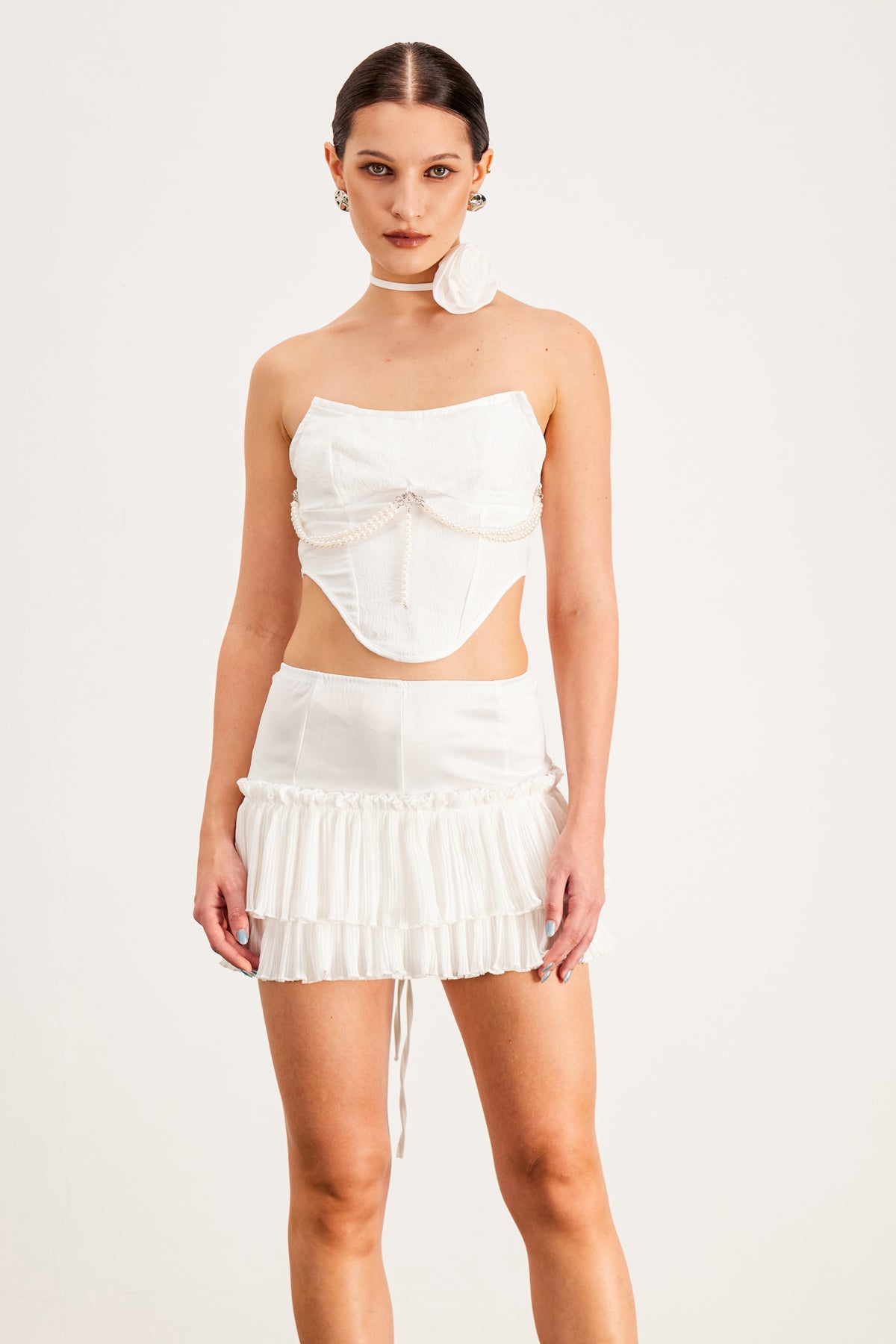 White Flower Embellished Corset Skirt Set