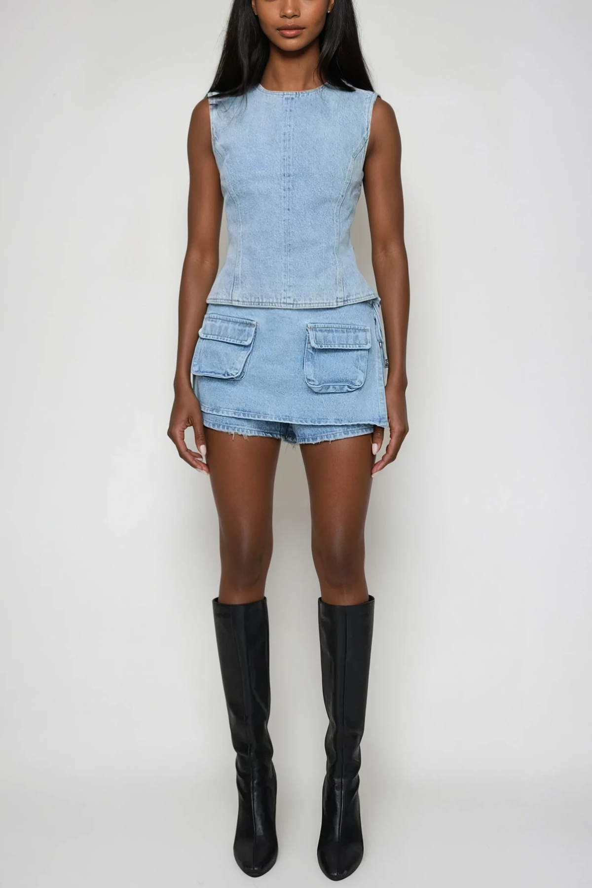 Slight Blue Denim Mini Skirt with Unique Pocket Details