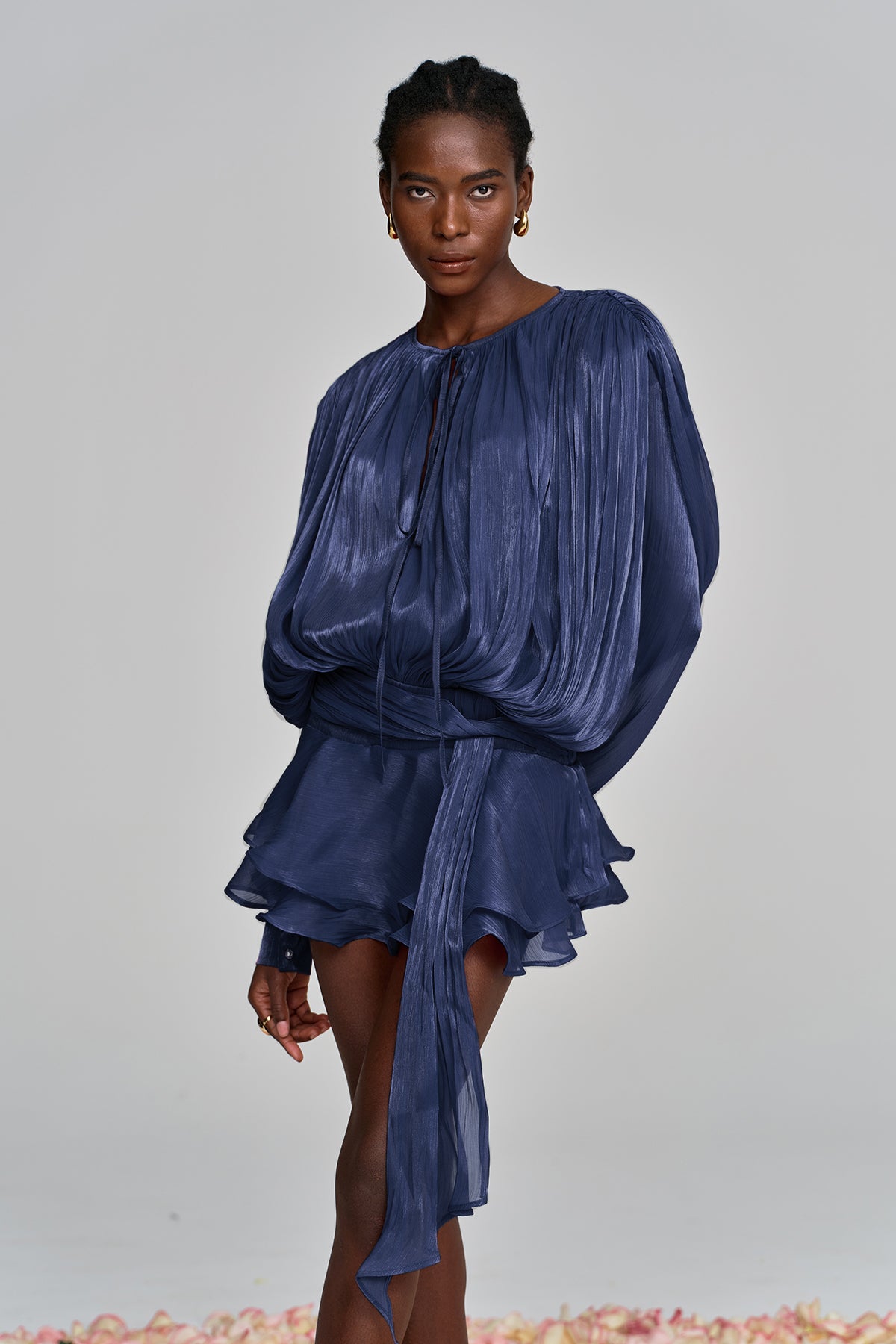 Deep Blue Balloon Sleeve Mini Dress with Ruched Details