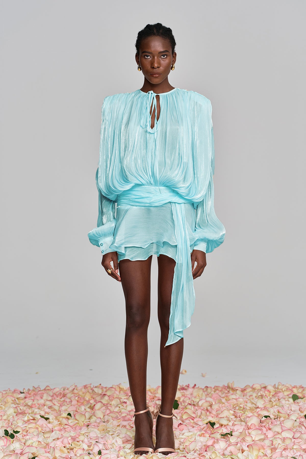 Baby Blue Balloon Sleeve Ruch Ruffle Mini Dress - Elegant Style